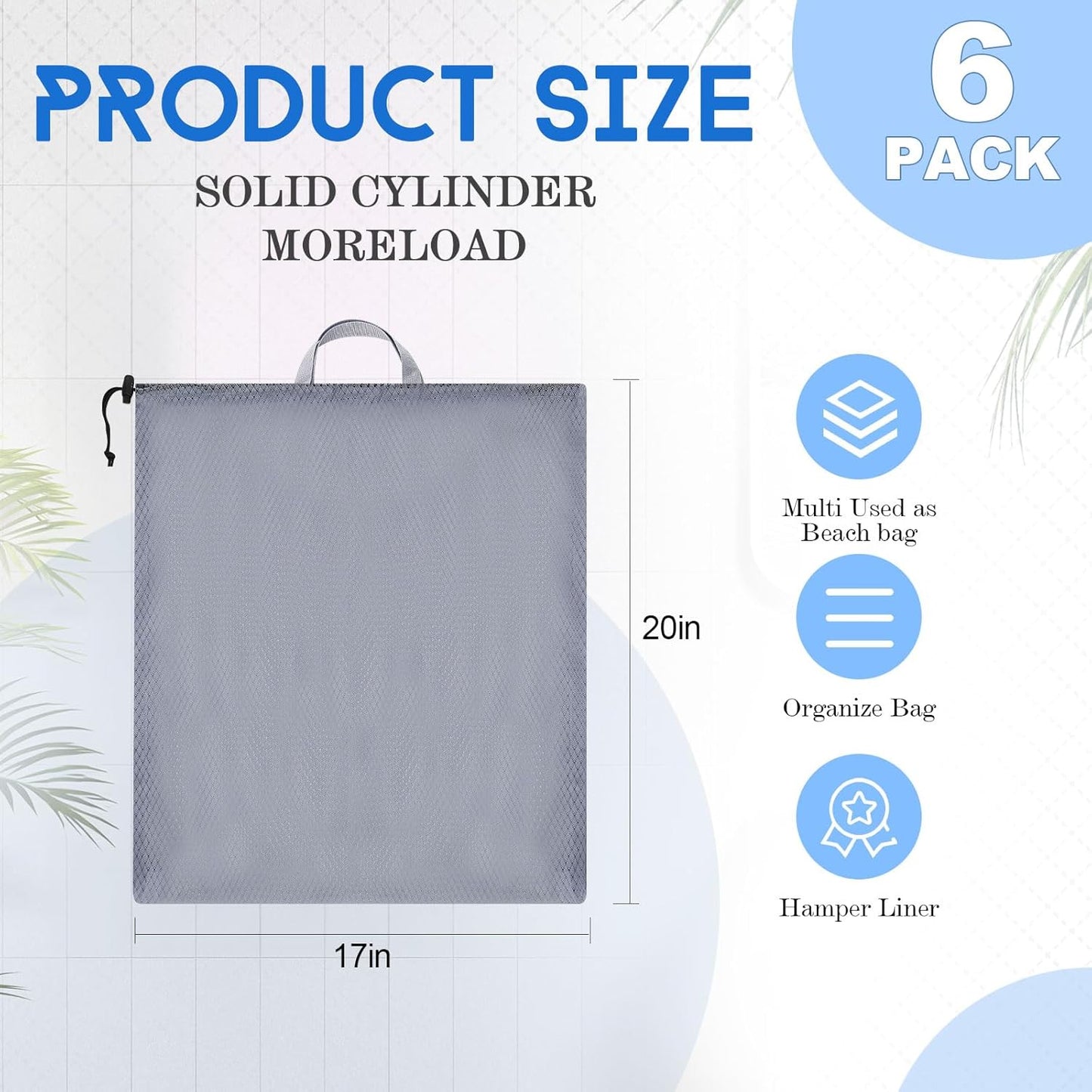 6 Pack 20 x 17 Inches Blue Mesh Laundry Bag with Handles Machine Washable Secure Drawstring Closure Large Sturdy Mesh Net Laundry for College Travel Dorm Laundromat