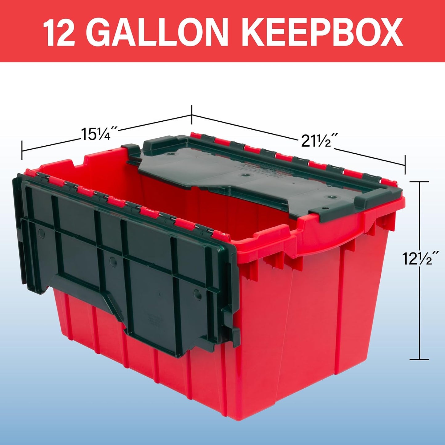 Akro-Mils KeepBox 12 Gallon Storage Container, Nesting and Stackable Plastic Storage Box with Lid Attached, Clear Tote for Garages, Closets, and Moving, 21-1/2" x 15" x 12-1/2", Red/Green, 6-Pack