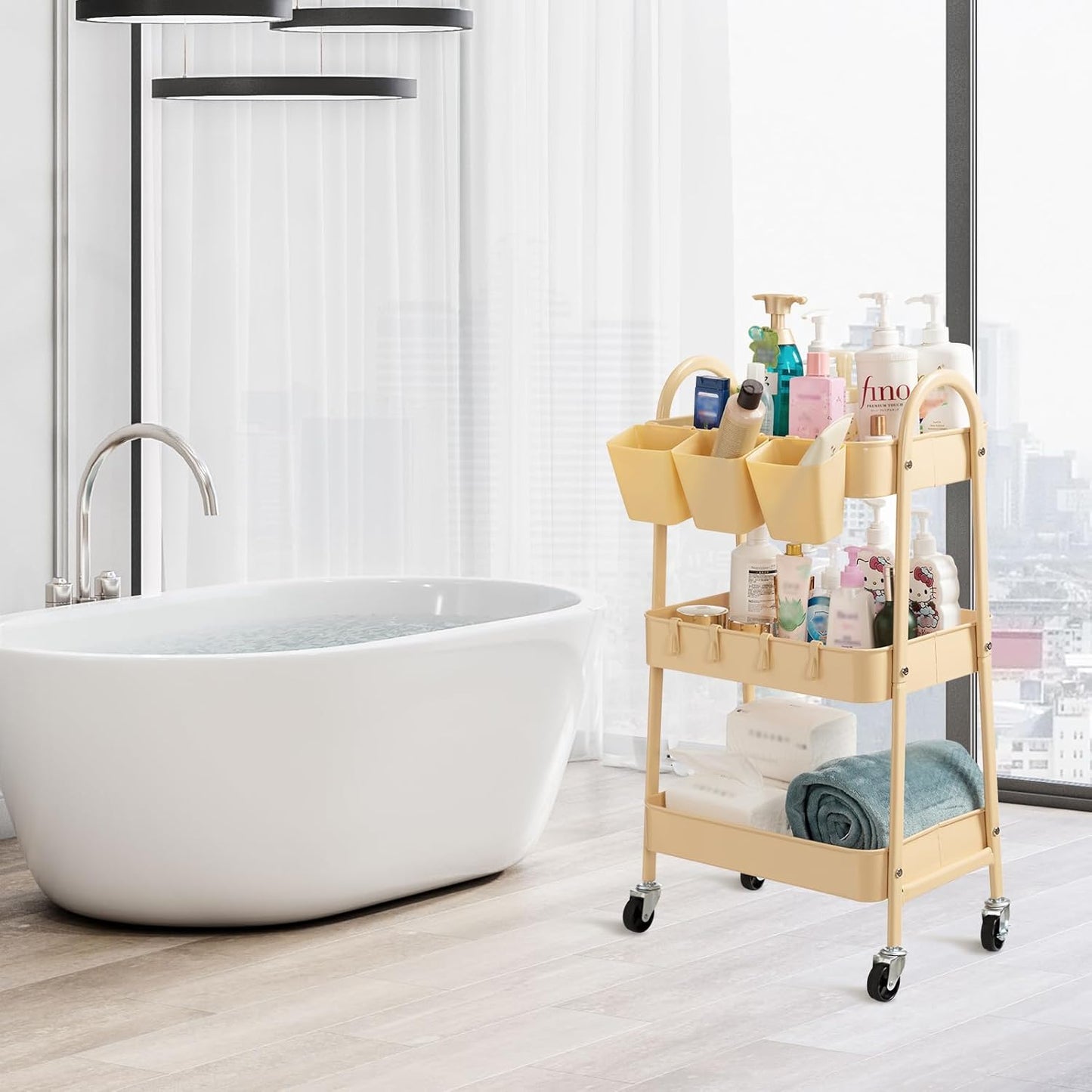 danpinera 3-Tier Rolling Cart, Metal Rolling Storage Cart with Lockable Wheels & Hanging Cups & Hooks, Mobile Trolley for Kitchen, Bathroom, Office, Workshop, Yellow