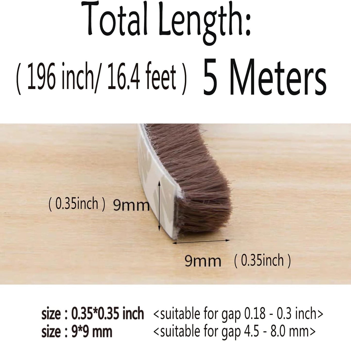 Weather Stripping Brush for Sliding Windows/Doors Frame Side,Pile Self Adhesive Weatherstrip Seal Strip Sealer Draft Stoppers (16.5ft x11/32 x 11/32 Brush inch, Brown)