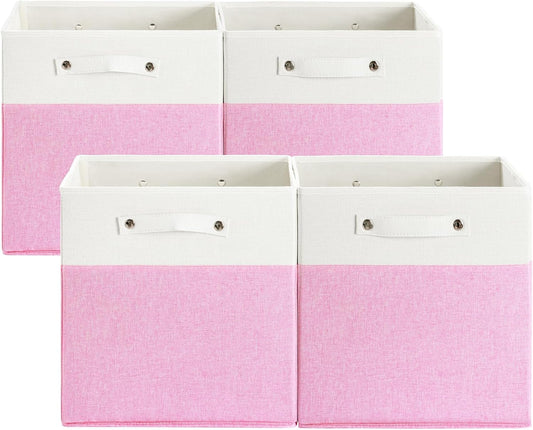13 x 13 Inch Fine Linen Storage Bins with Handles，Fabric Cube Boxs，Collapsible Basket Organizers for Shelves for Home, Closet Drawers (White/Pink-4 Pack)