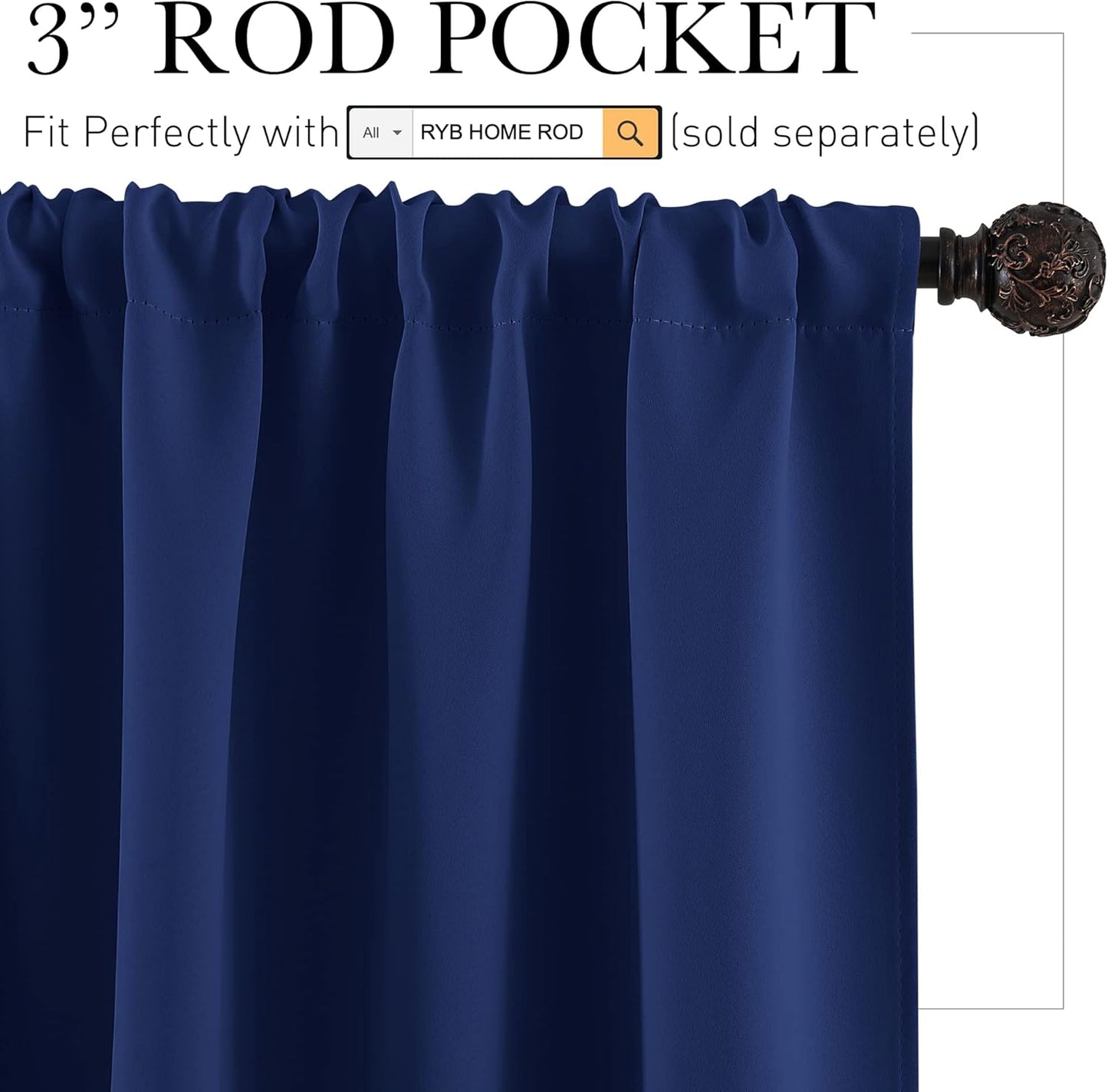 RYB HOME Small Curtains for Kitchen Window - Blackout Privacy Portable Curtain Set for Bedroom Office Bathroom Basement Garage Storage Enclosure RV Bunk, W 34 x L 30 inch, Marine Blue, 2 Pcs