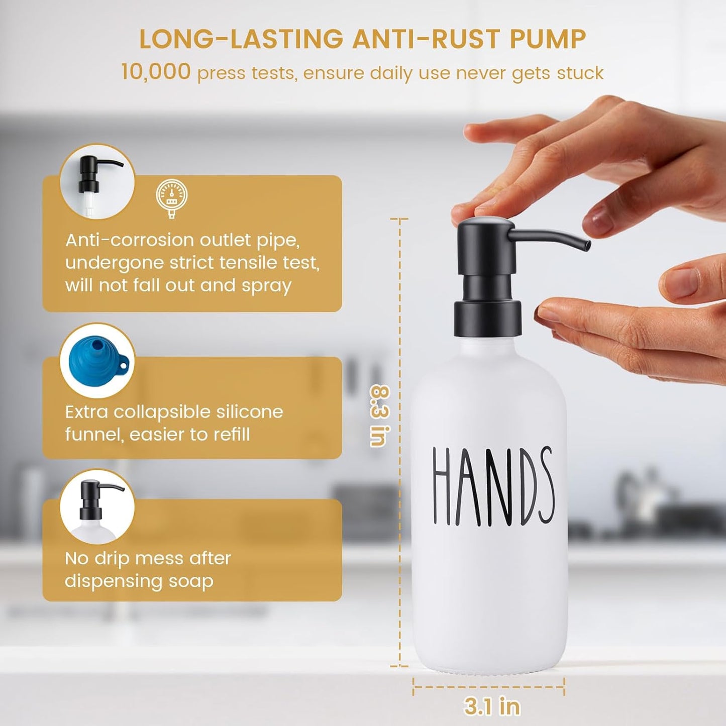 Glass Soap Dispenser for Kitchen, Farmhouse Dish Hand Soap Dispenser Set, Rustproof Pump Dispenser Set with Tray and Dish Brush, Kitchen Decor（White）