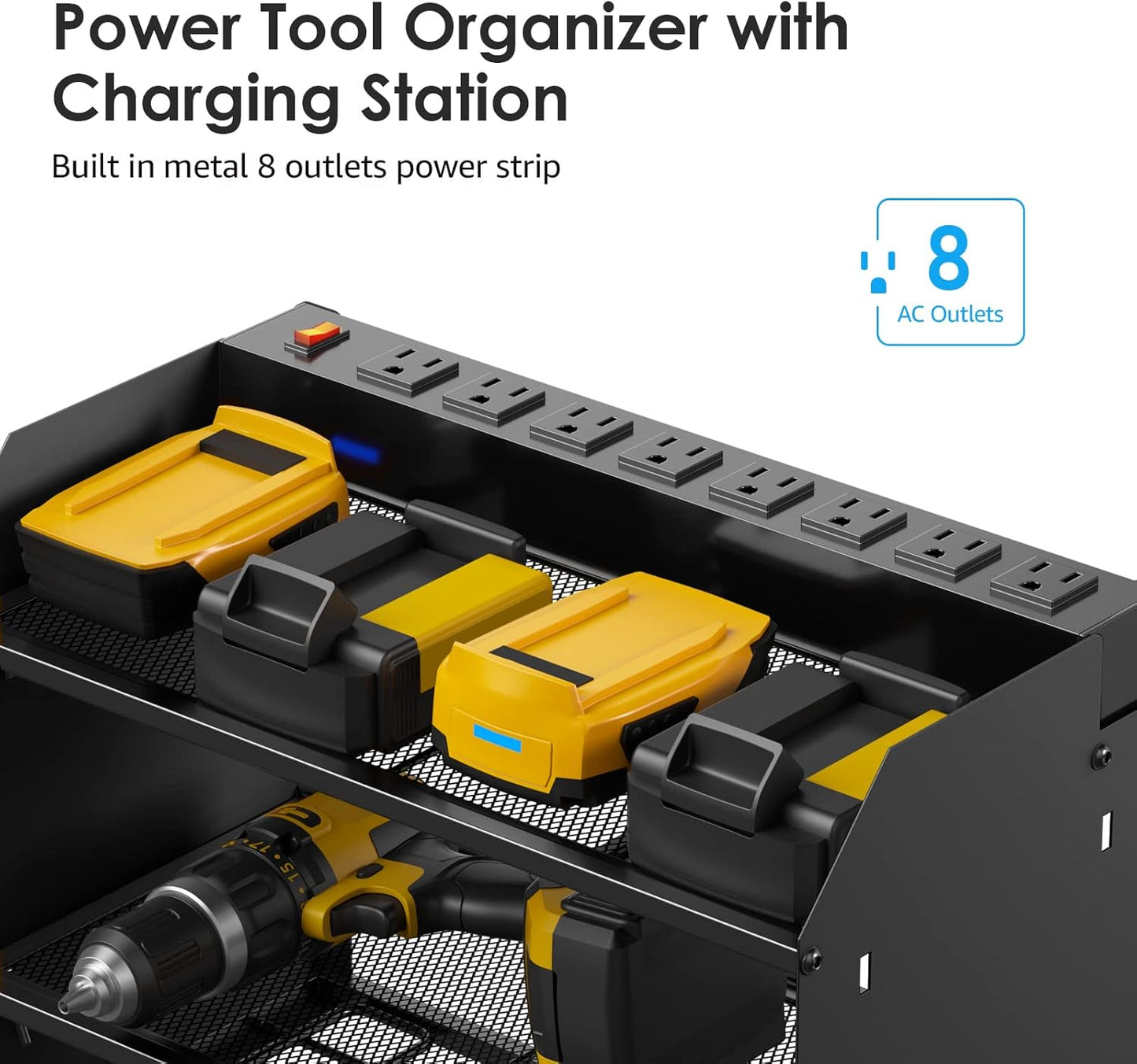 CCCEI Modular Power Tool Organizer Wall Mount with Charging Station. Garage 4 Drill Storage Shelf with Hooks, Screwdriver, Drill Bit Heavy Duty Rack, Tool Battery Holder Built in 8 Outlet Power Strip.