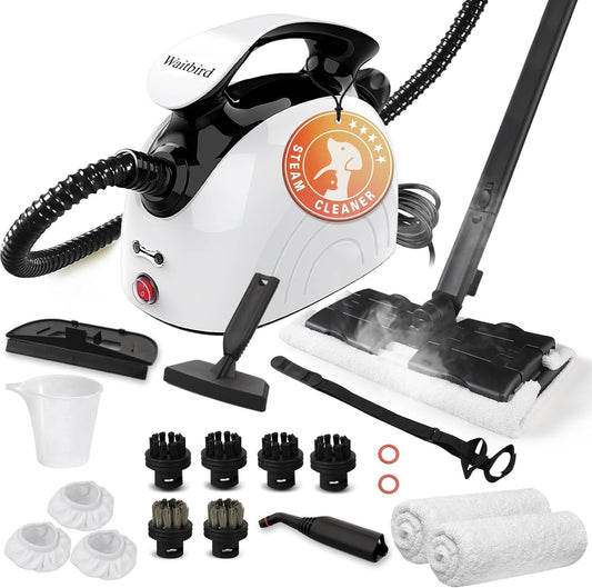 Steam cleaner, equipped with 21 specialized accessories, 1.08-liter water tank, 248°F high-temperature steam, suitable for floors, tile grout, tiles, carpets, and cars, chemical-free cleaning (White)