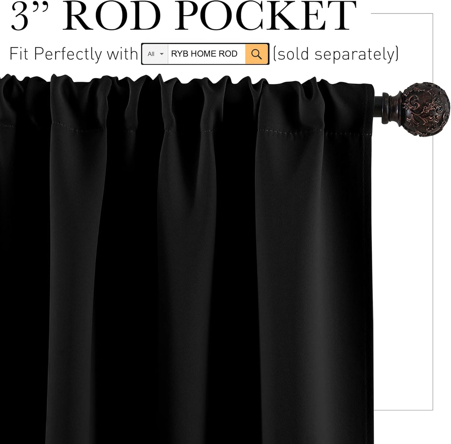 RYB HOME Blackout Curtains 84 inches Long 2 Panels Set for Living Room, Thermal Insulating Privacy Curtains & Drapes for Doorway Temporary Door Alternative Accordion Door, W 42 x L 84, Black