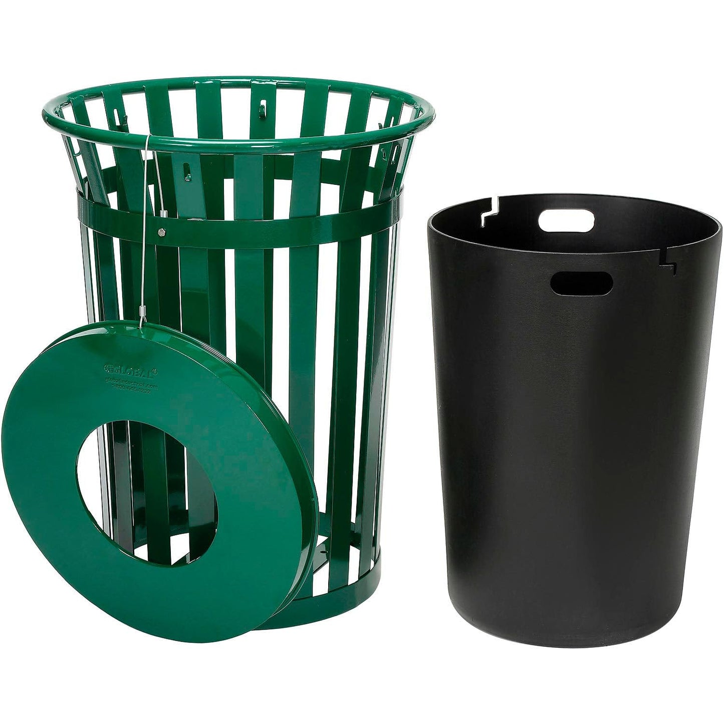 Global Industrial 36 Gallon Outdoor Slatted Steel Round Trash Can with Flat Lid, Plastic Liner & Anchor Kit Included, 28" W x 36" H, Commercial & Industrial Trash Can, Green