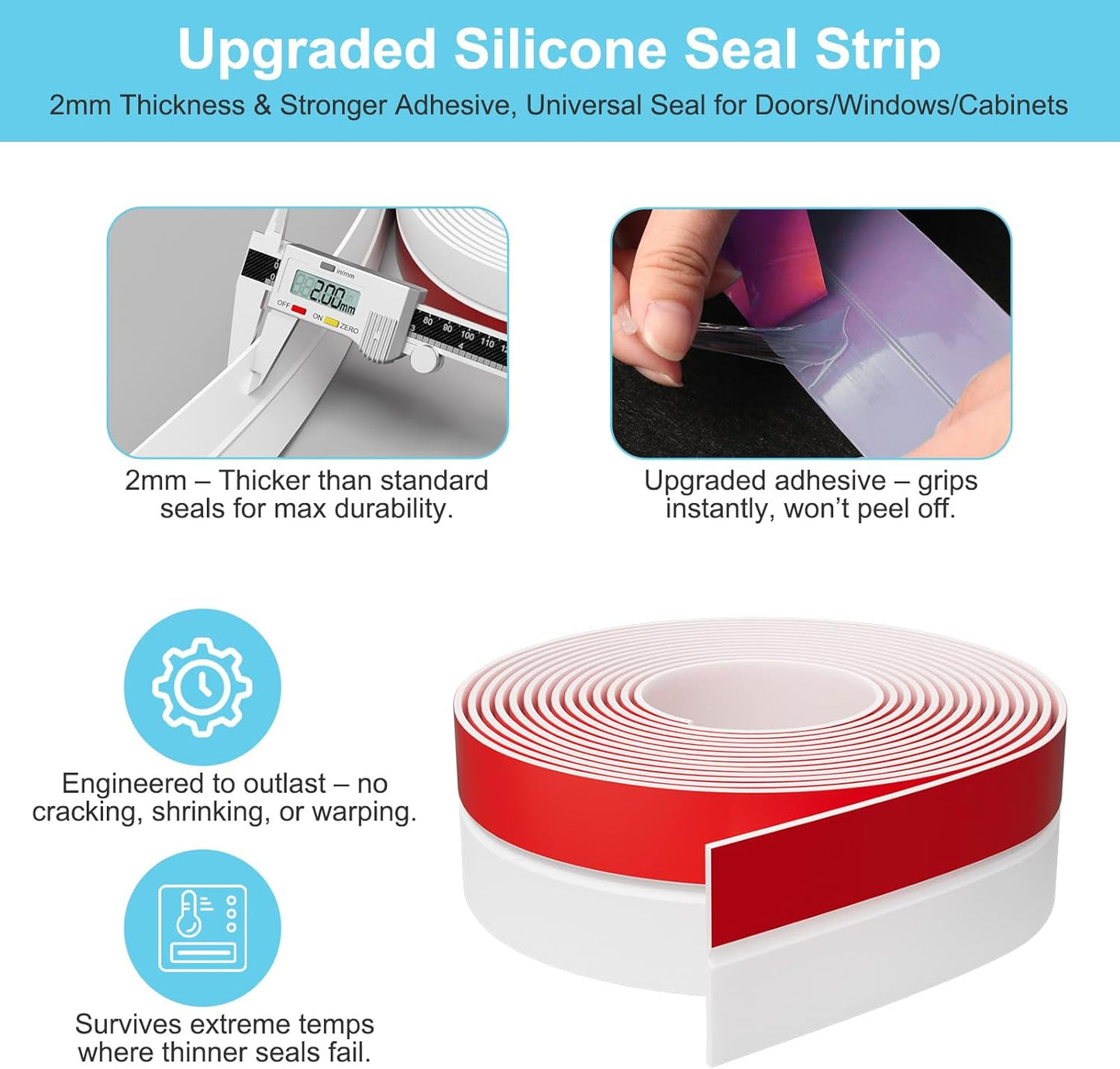 Heavy-Duty 36 ft x 2 in Weather Stripping, Extra Thick 2mm Door Draft Stopper Silicone Seal Strip for House and Glass Shower Doors for Collision and Side Gaps of Door and Windows, White