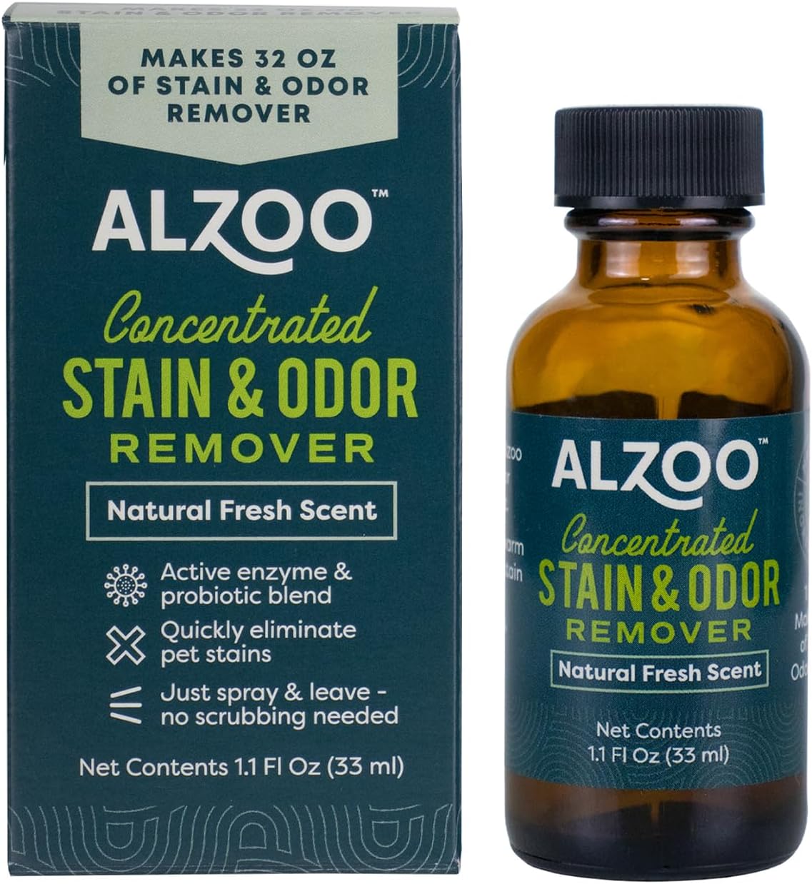 ALZOO Concentrated Stain & Odor Remover Refill Bottle, 100% Plant-Based Active Ingredients, 1.1 Fl. Oz