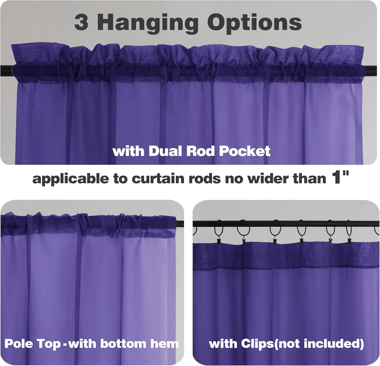 Chyhomenyc Sheer Valances for Windows 2 Pack, Small Window Curtains for Living Room Bathroom Cafe Laundry Basement, Modern Top Dual Rod Pocket Voile Curtain, 42W x 18L inches, Purple