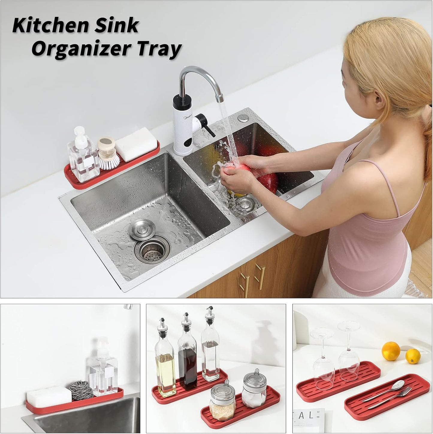 Silicone Kitchen Sink Organizer Tray for Multiple Usage,Eco-Friendly Sponges Holder for Kitchen Bathroom Counter or Sink,Dish Soap Dispenser,Scrubber,Bottle,Cup (Red, 12"×4")
