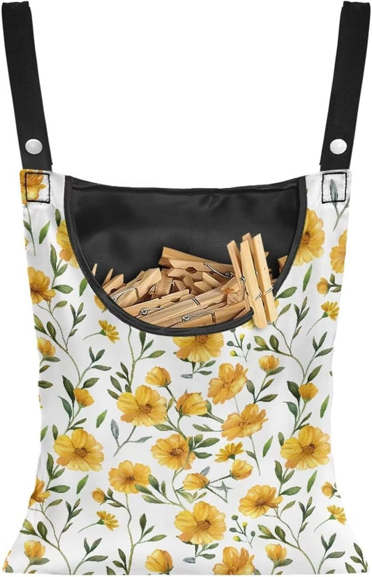 Yellow Floral Clothespin Bag Space-Saving Laundry Hanging Storage Organizer Clothes Pin Hanging Bag with Rope Holds 100 Clothes Pins for Clothesline Outdoor Clothespin Accessory Bag
