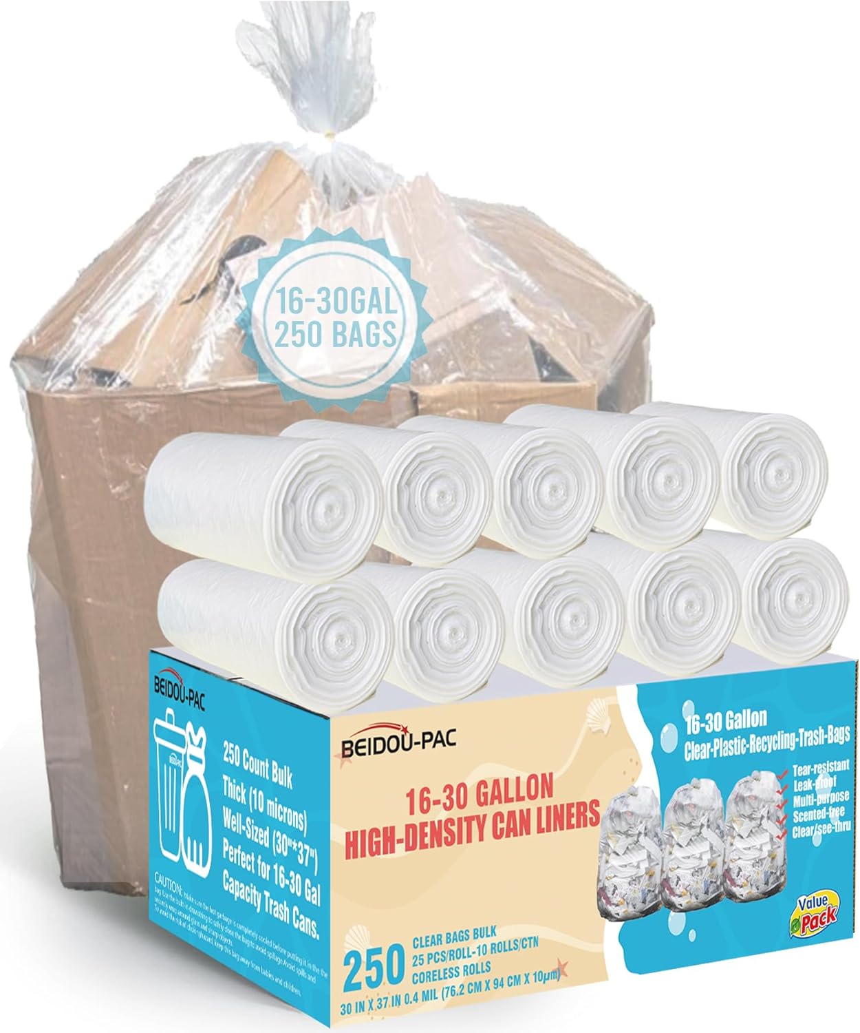 16-18-20-30 Gallon Trash Bags, 250 Count Bulk, Clear Plastic Recycling Bags, Multi-purpose Garbage Bags Can Liners for Business Home Kitchen Commercial and Industrial