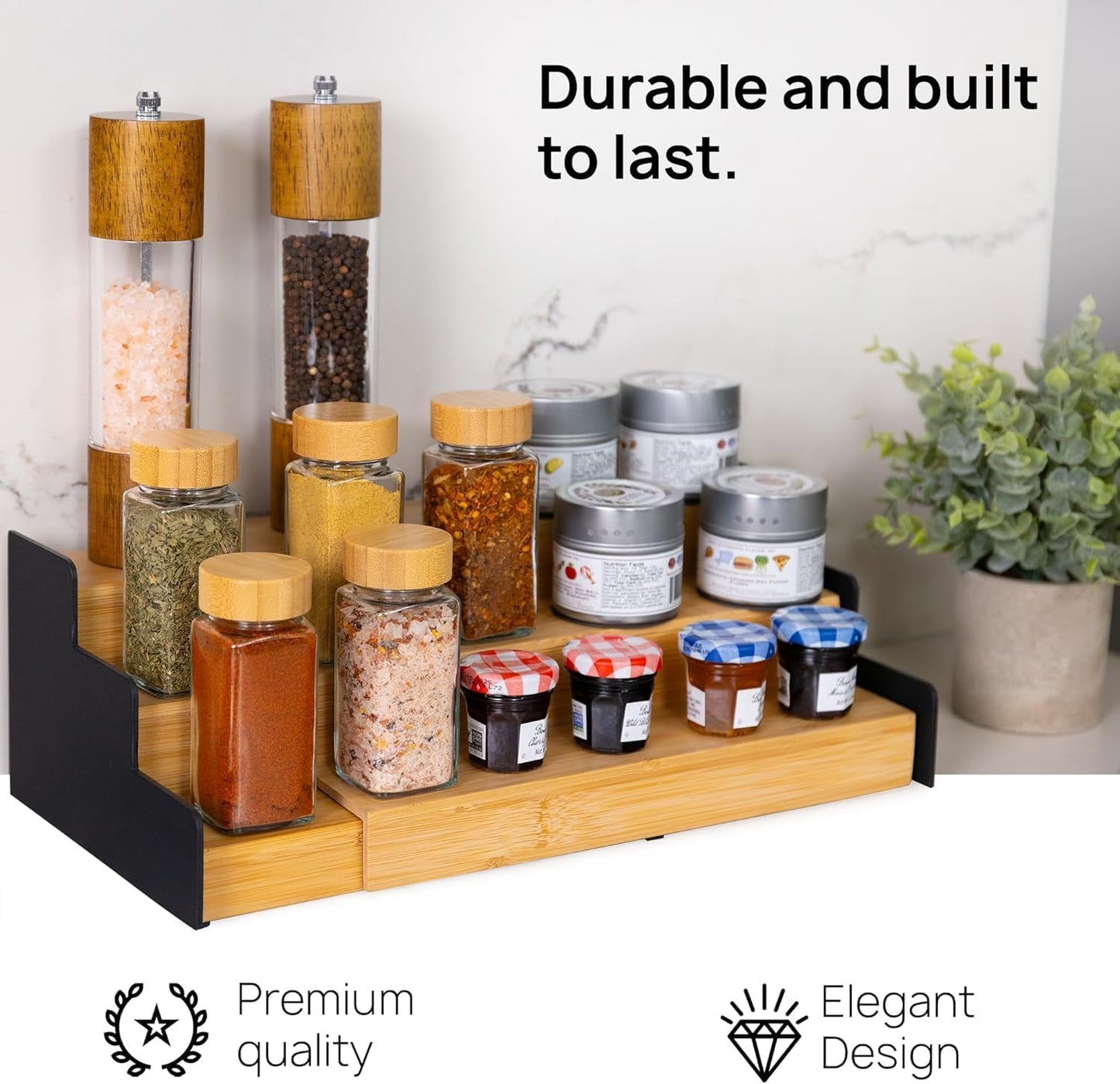 Ibyx Premium 3-Tier Spice Rack Organizer for Cabinet - Expandable Bamboo Spice Storage - Non-Skid Countertop Step Spice Shelf - Great for Kitchen Cabinet Countertop (Natural - Wide)