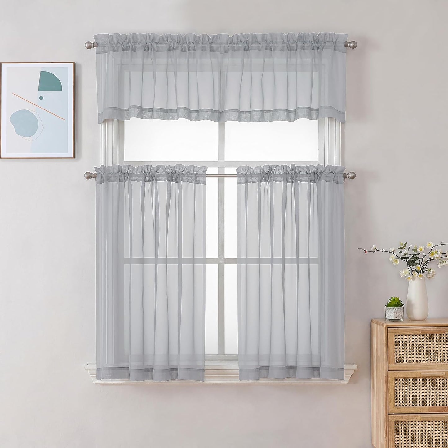 Chyhomenyc Light Grey Sheer Curtains 30 inch Length 2 Panels, Light Filtering Voile Rod Pocket Short Window Curtians for Bathroom Living Room Farmhouse Small Windows, 42Wx30L inches