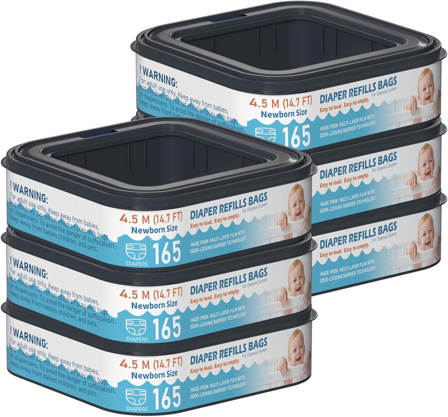 Square Starter Refills Disposal Bags Refill Compatible with Diaper Genie Compact and Select Pails (Not Fit Classic Version Pails), Hold Up to 165 Newborn-Sized Diapers Per Refill, 6 Pack