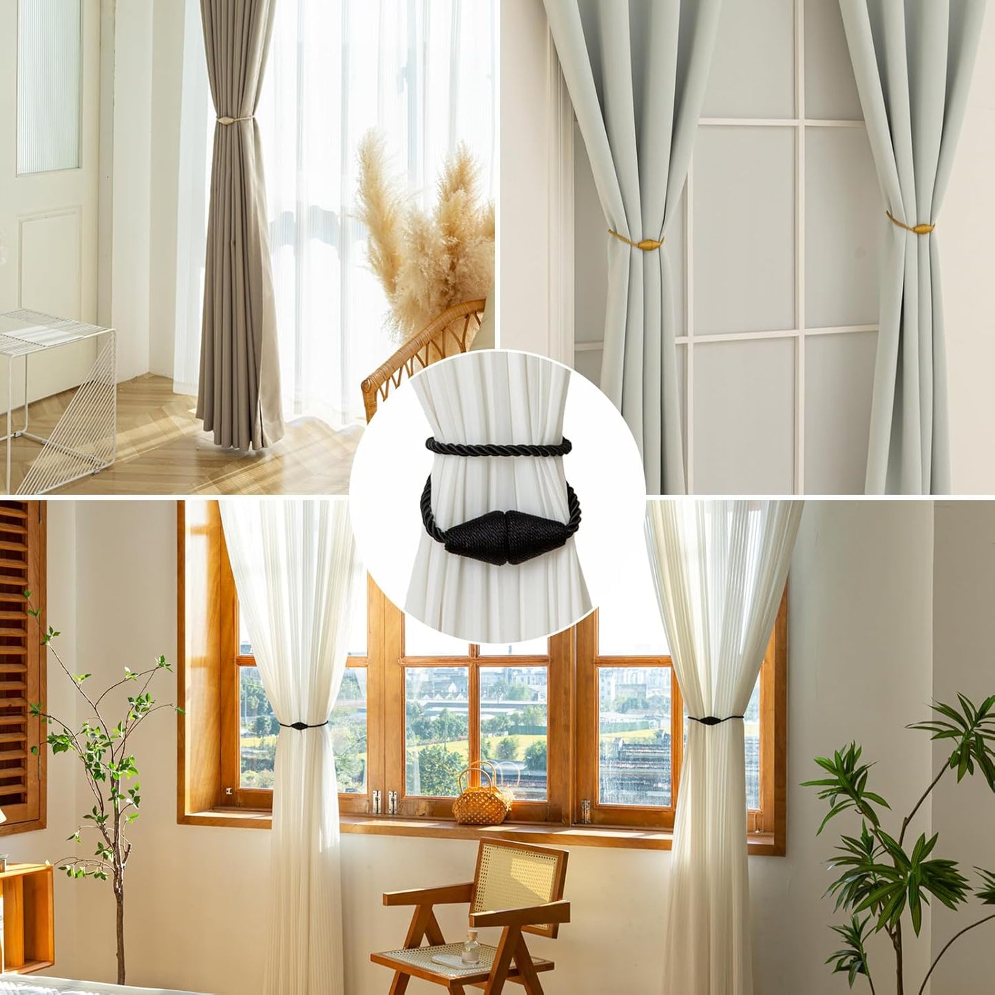 Magnetic Curtain Tiebacks 8 Pack Outdoor Rope Curtain Tie Backs Decorative Window Treatment Holdbacks for Home Decorative Curtain, Black