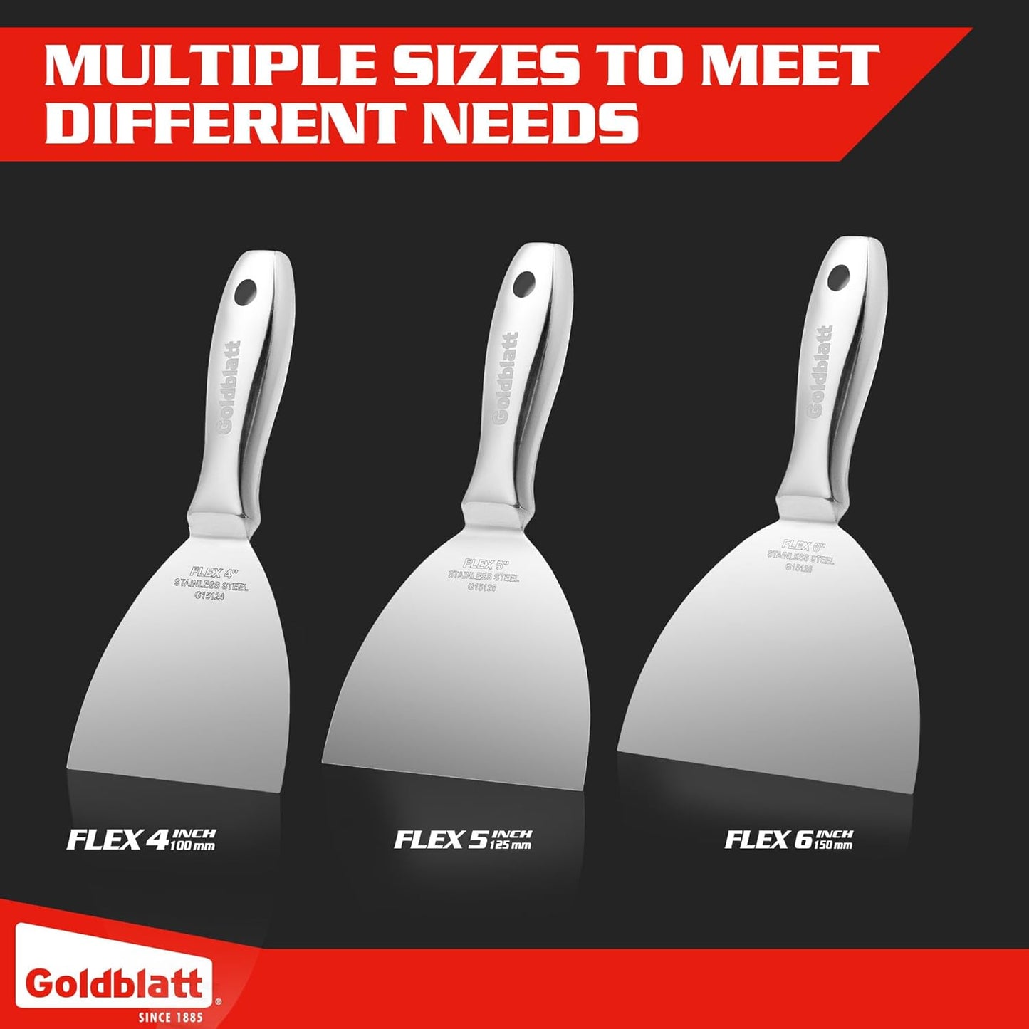 Goldblatt 3-Pack Putty Knife Set(4",5",6"), One-Piece Paint Scraper Tool, All Stainless Steel Joint Knife, Flexible Blade, Seamless Design, Ergonomic Grip - for Drywall Repairing, Finishing, Scraping
