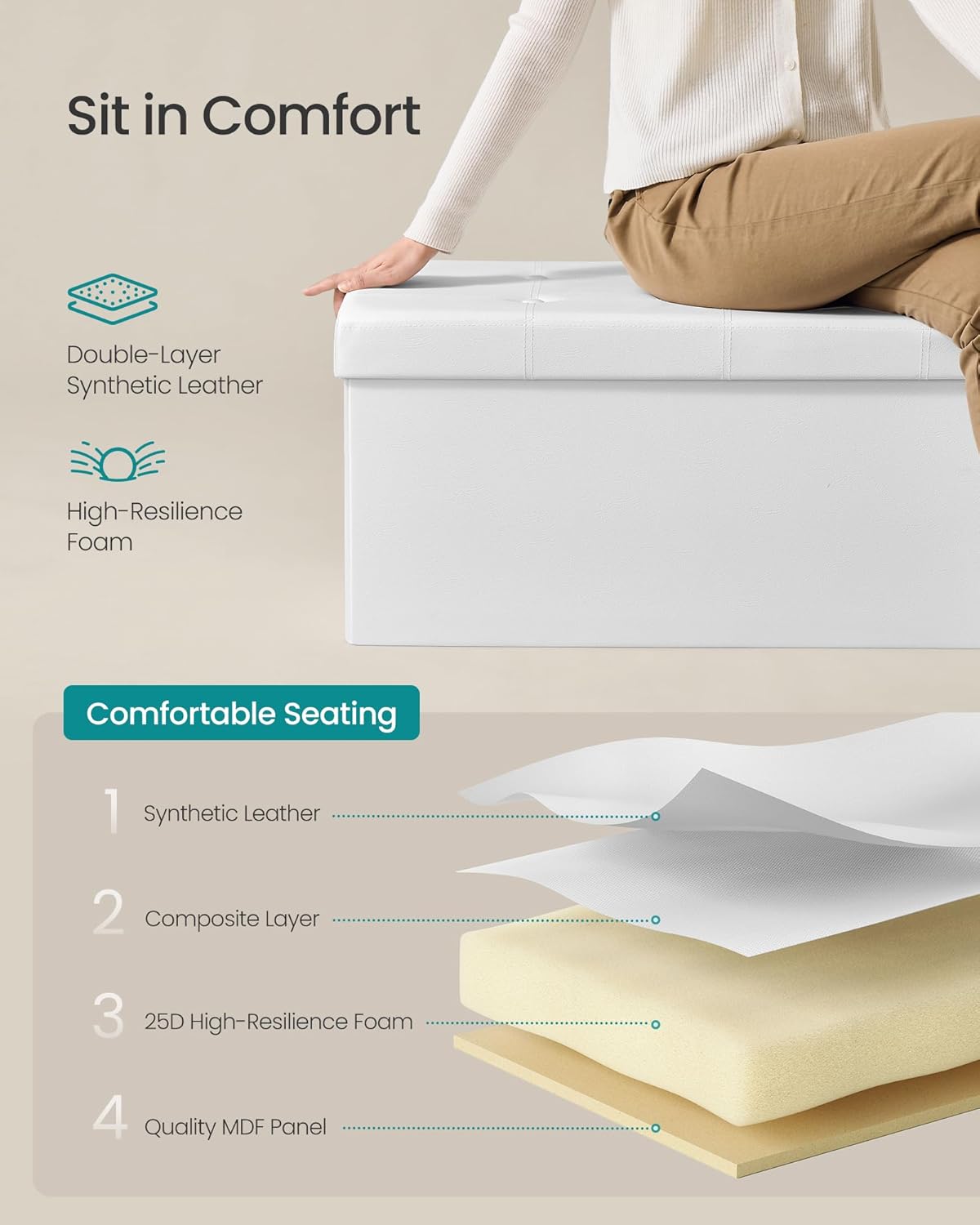 SONGMICS MAZIE Collection - 30 Inches Folding Storage Ottoman Bench, Ottoman with Storage, Foot Rest Stool, Load 660 lb, for Living Room, Synthetic Leather, White ULSF106