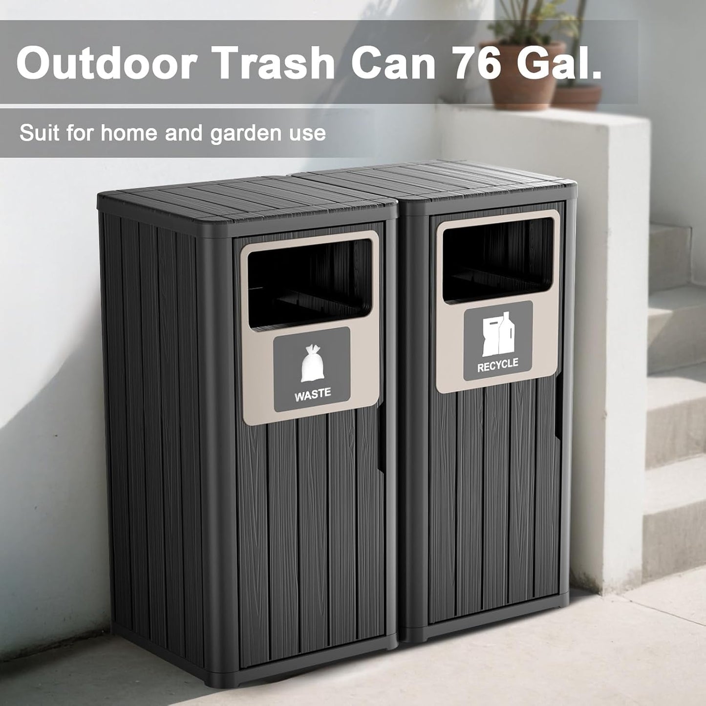 ROJIK 35" Tall Outdoor Trash Can,Weatherproof Resin Garbage Indoor Durable Lightweight,Suitable for Patio Office Kitchen,Easy to Clean,Assemble(Waste&Recycle, Black)