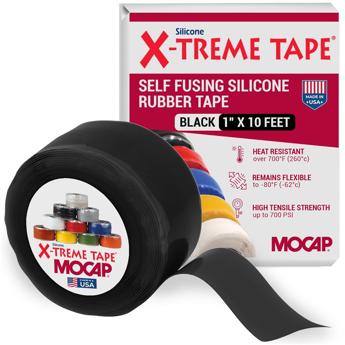X-Treme Tape MOCAP Heavy Duty Electrical Tape, Self-Fusing Silicone Rubber, Waterproof & Insulating Flexible Tape, Electrical for Hose, Automotive, Outdoor & Repairs - 1" x 10ft Roll - Black
