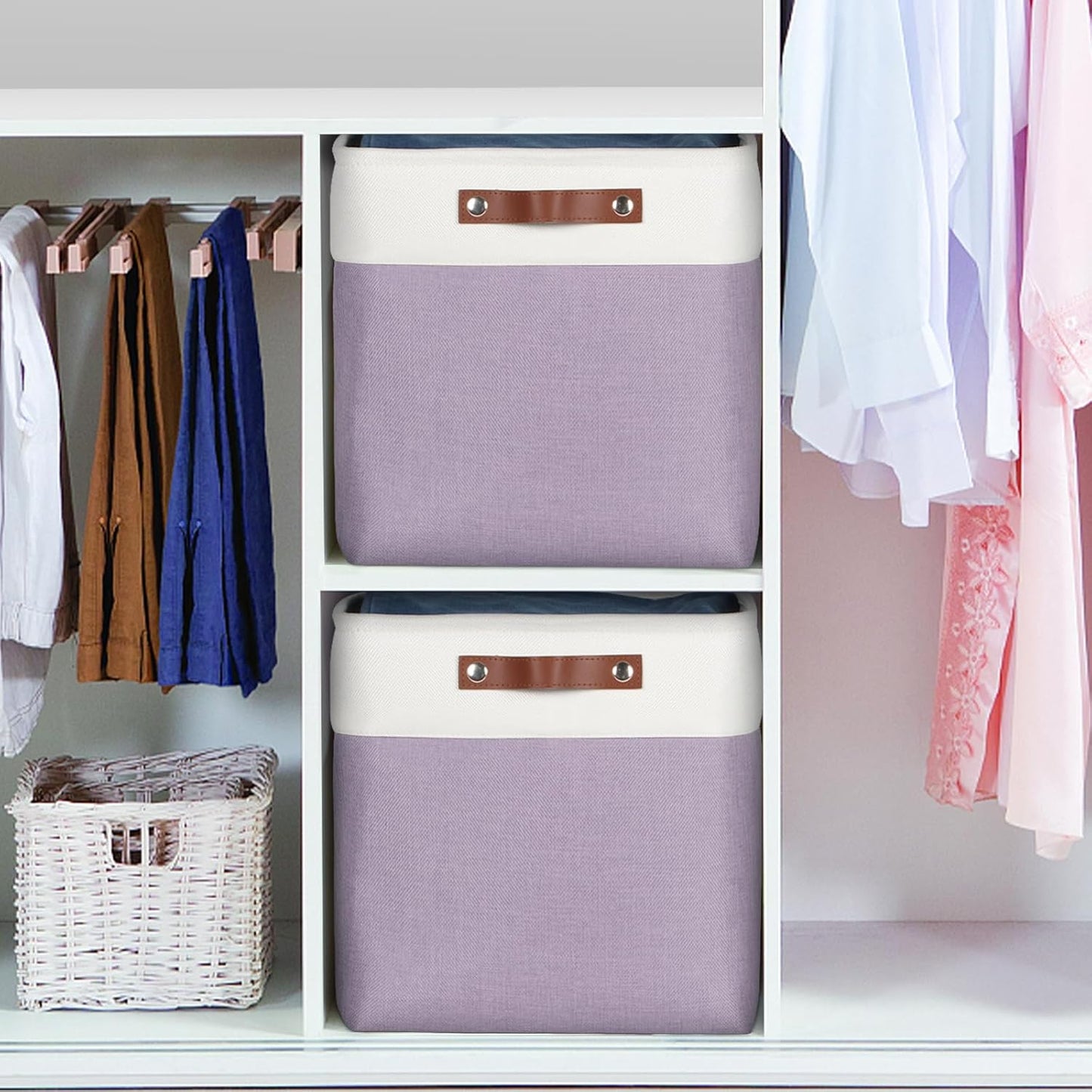Univivi 13 x 13 x13 Cube Storage Baskets Storage Bins with Hard Bottom|PU Handles for Organizing,Foldable Fabric Storage Bins Decorative Organizer Baskets for Shelves,Closet (Purple)