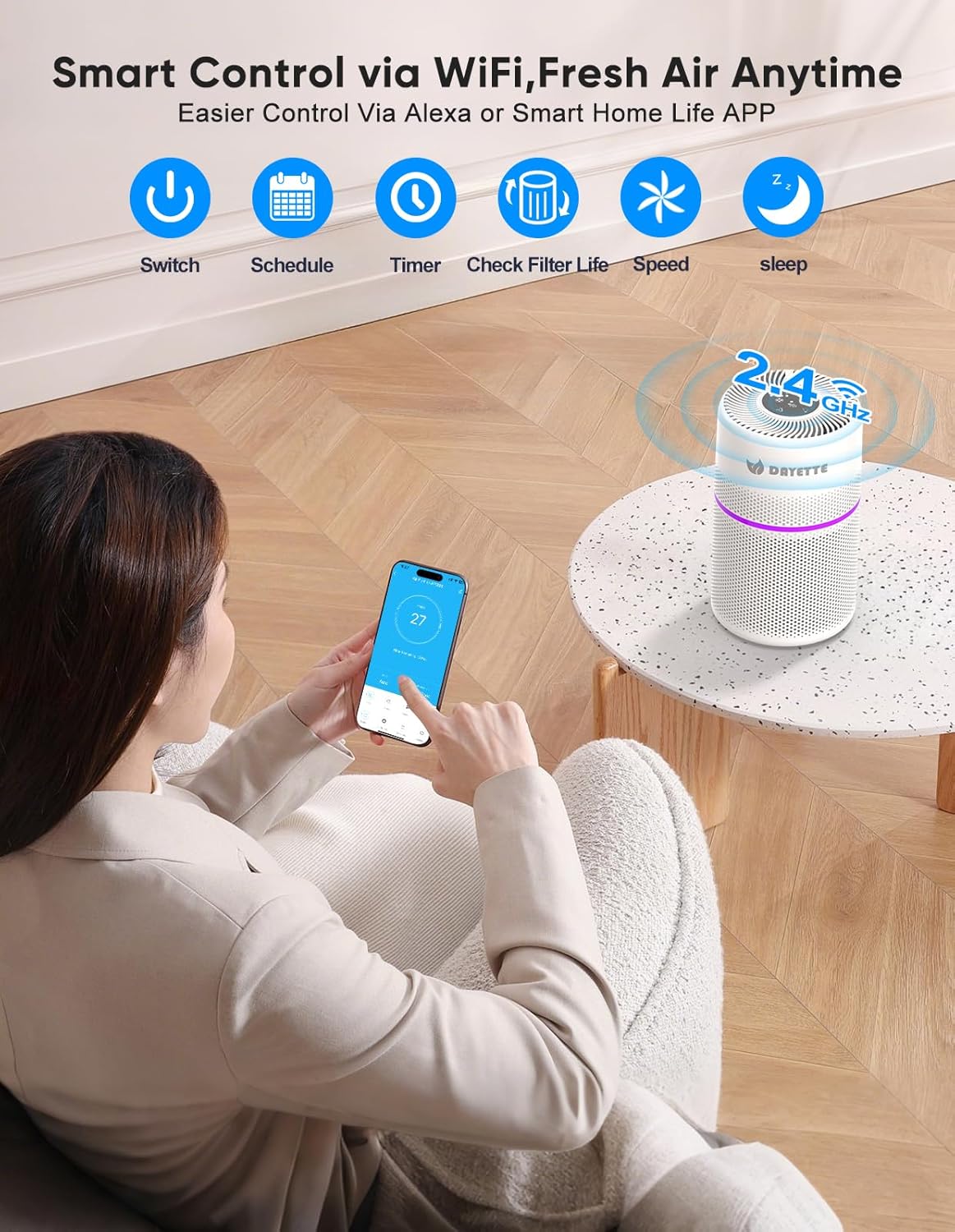 Smart Air Purifiers for Bedroom, DAYETTE 7 Color Light H13 Air Purifier for Home Large Room Up to 1500 Ft², APP Control & 20 dB Sleep Mode 2/4/8 Timer