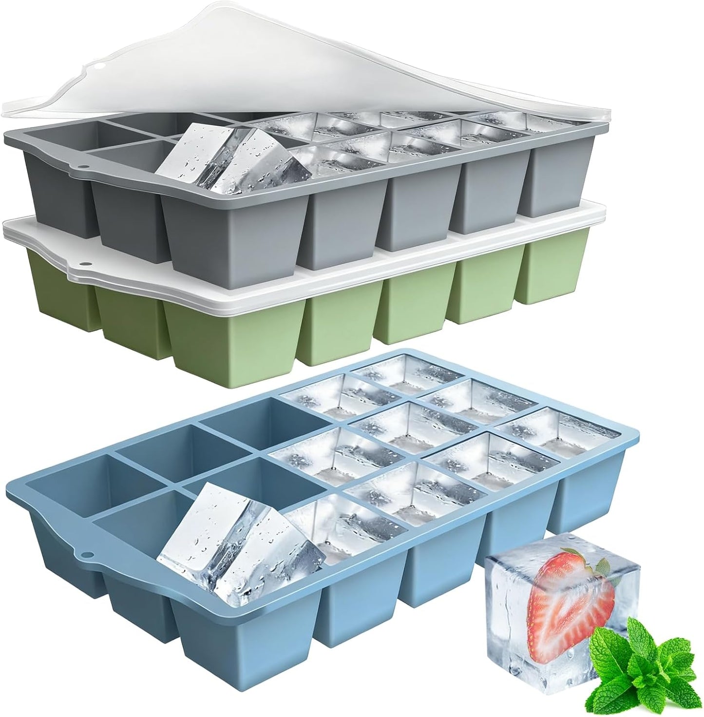 Silicone Ice Cube Tray, 3 Pack Easy-Release Stackable Ice Trays for Freezer with Lid 15 Reusable Cubes, Food Grade BPA Free Ice Molds for Whiskey, Baby Food, Coffee, Cocktail (Blue+Green+Grey)
