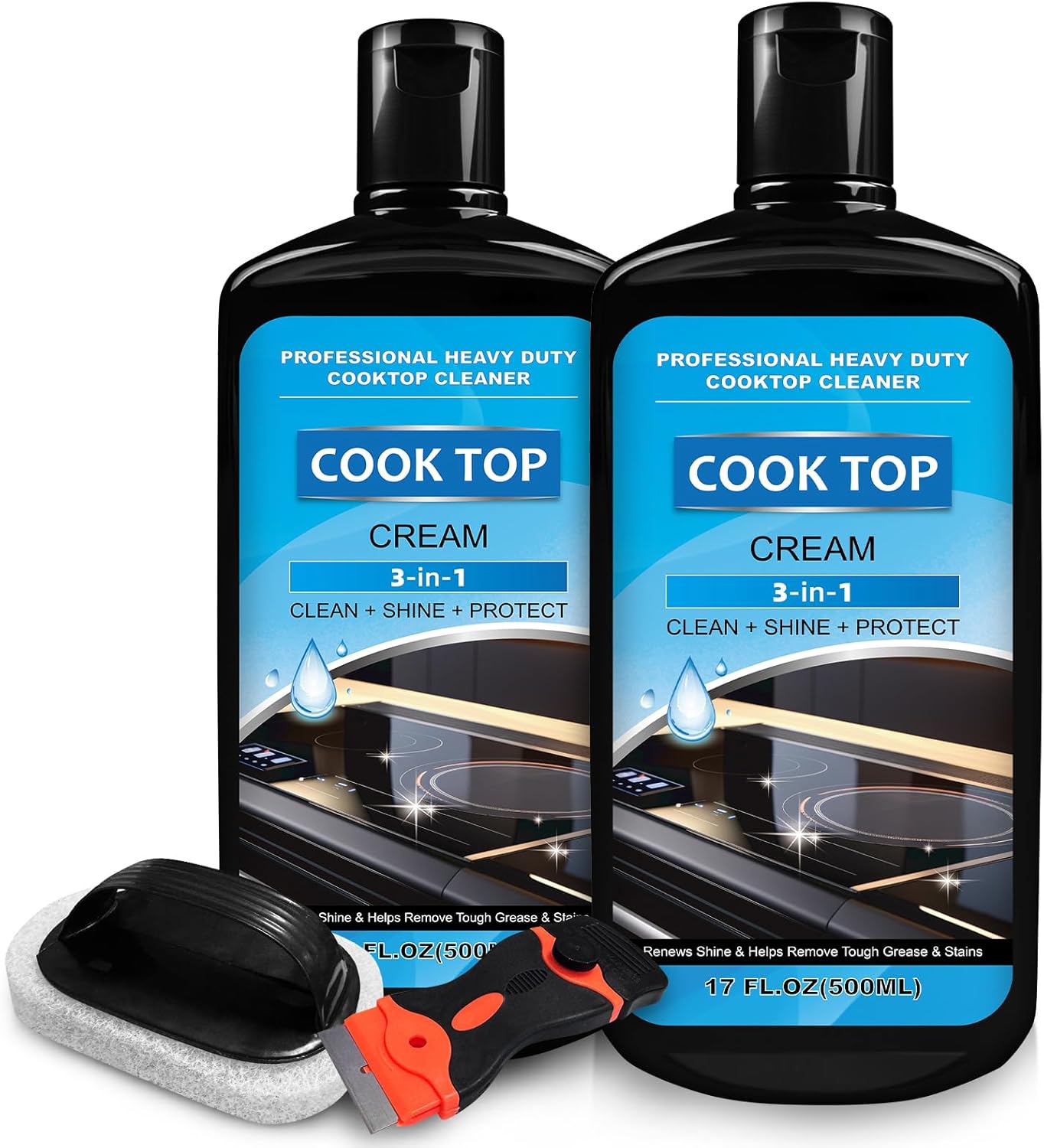 Cooktop and Stove Top Cleaner Kit, Glass Cooktop Cleaner Combo Kit with Razor, Scraper, Scrubbing Pad Removes Tough Stains, Stovetop Cleaner for Glass and Ceramic Surfaces，34OZ