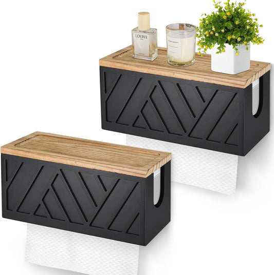 Set of 2 Paper Towel Dispenser Wall Mount, Paper Towel Holder Wall Mounted with Lid, Solid Wood Commercial C-Fold, Z-Fold, Trifold Hand Paper Towel Holder Hand Towel Holder for Bathroom Kitchen Decor