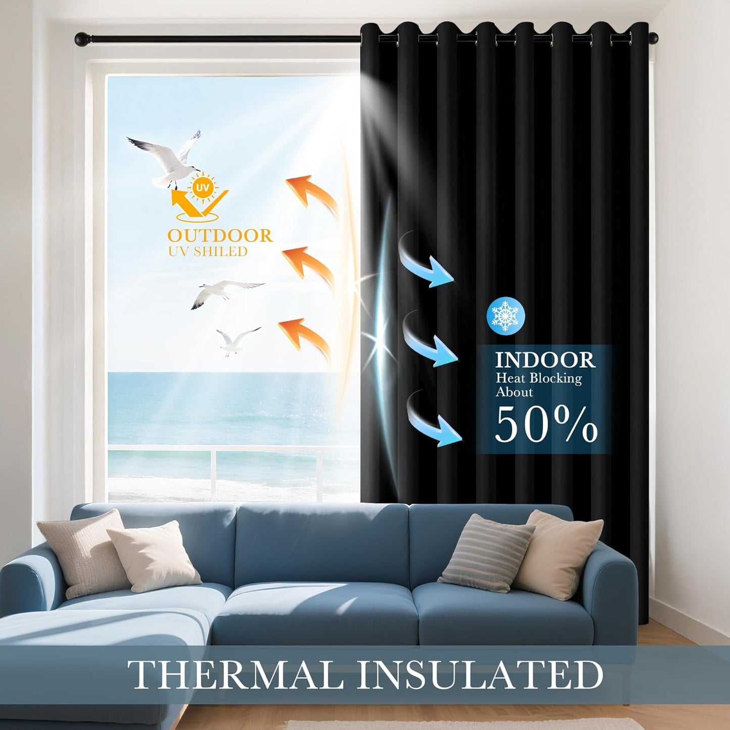 PONY DANCE Bedroom Blackout Curtains - Thermal Insulated Curtain Panels Window Treatments Grommet Top Light Blocking Home Decoration Window Draperies for Living Room, 42 by 54 inches, Black, 1 Pair