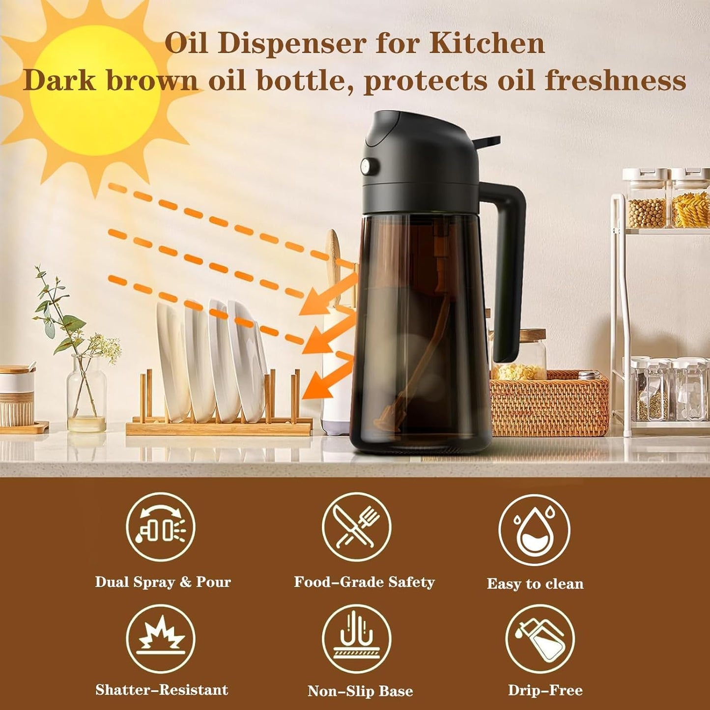 2-in-1 Glass Oil Dispenser & Sprayer - 16oz/470ml Leakproof Bottle for Cooking, Air Fryer, BBQ, Baking, Salad (Light-Blockage Black 2PC)