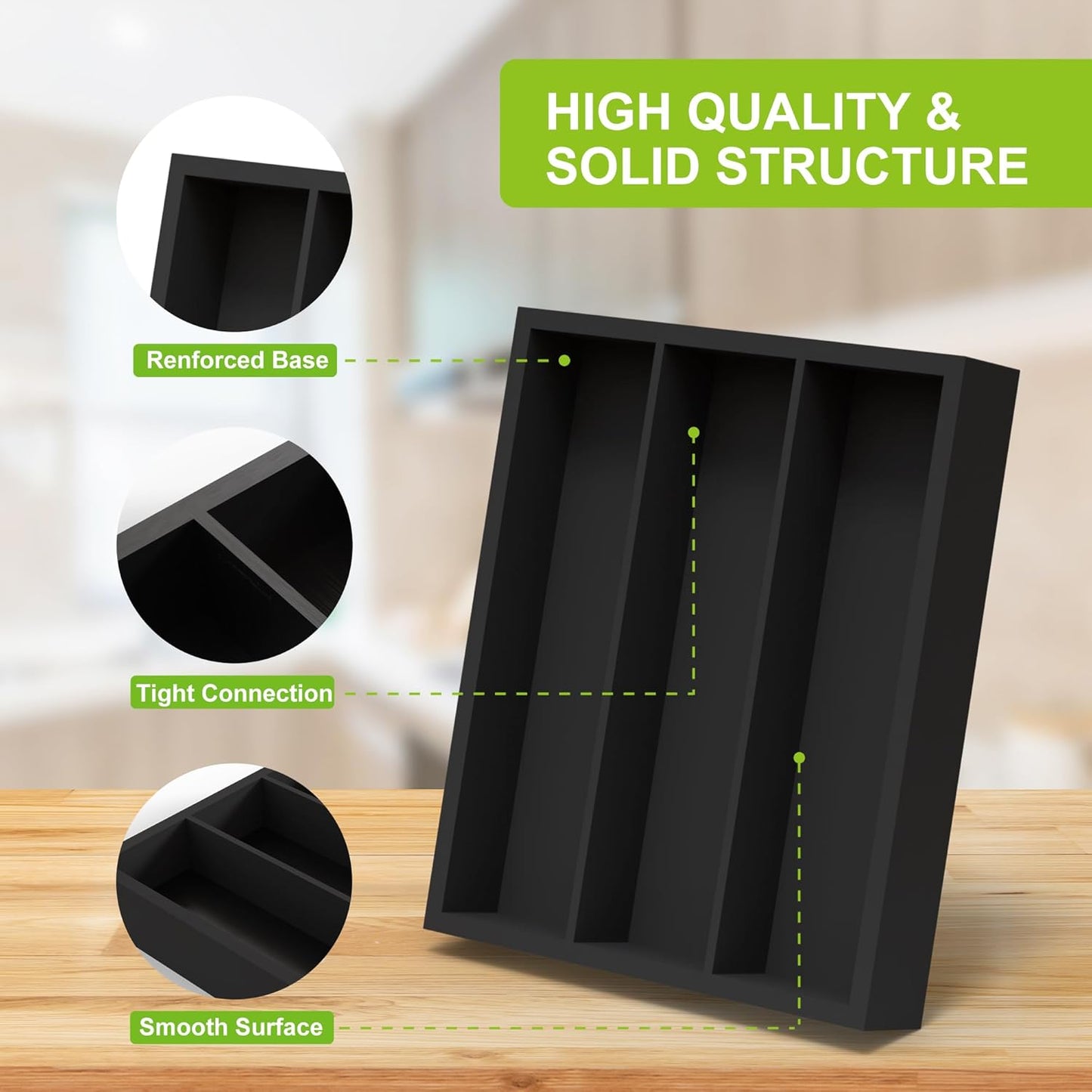 Bamboo Utensil Drawer Organizer, Silverware Tray Organizer, Kitchen Drawer Organizer for Flatware Cutlery (Black, 3 Slots)