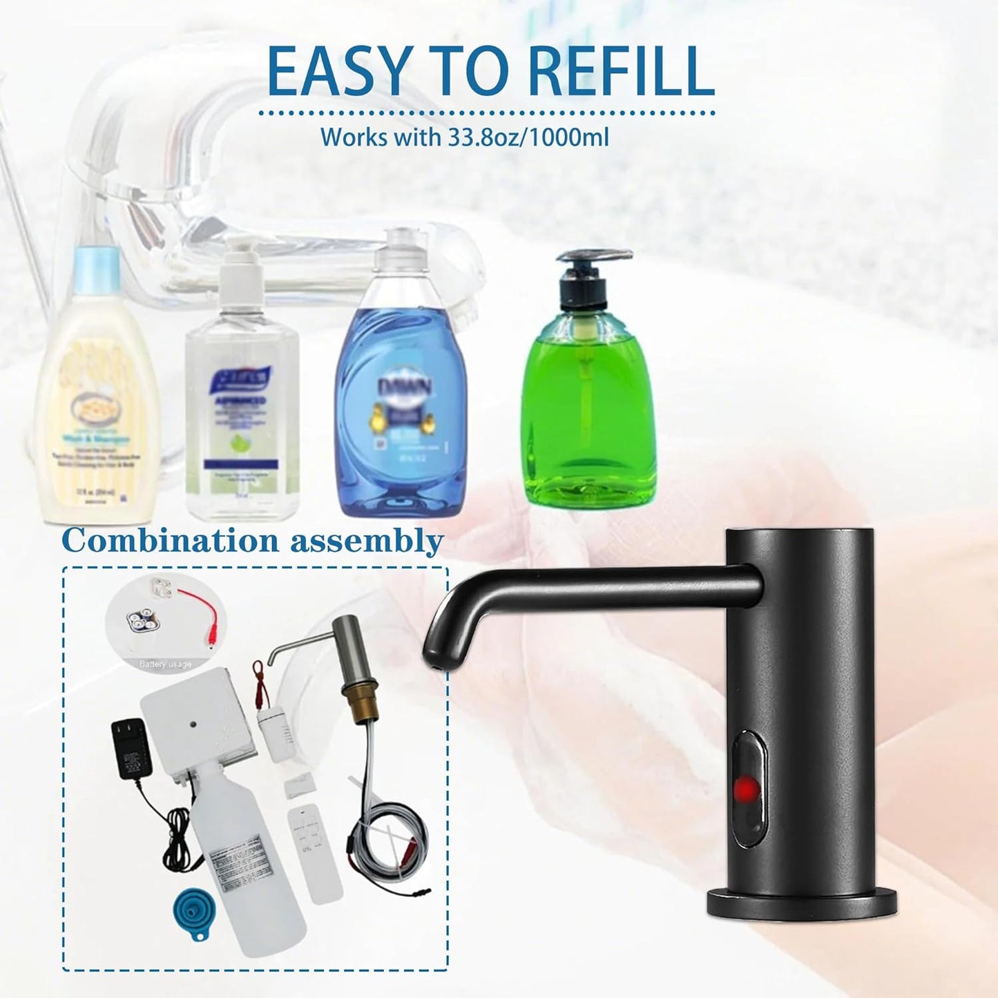 Automatic Soap Dispenser Touchless for Kitchen and Bathroom, Sink Built in Commercial Electric Soap Dispenser,Upgraded Infrared Sensors Brass Material, with Bottle and Pump 33.81oz/1000ml(Black)