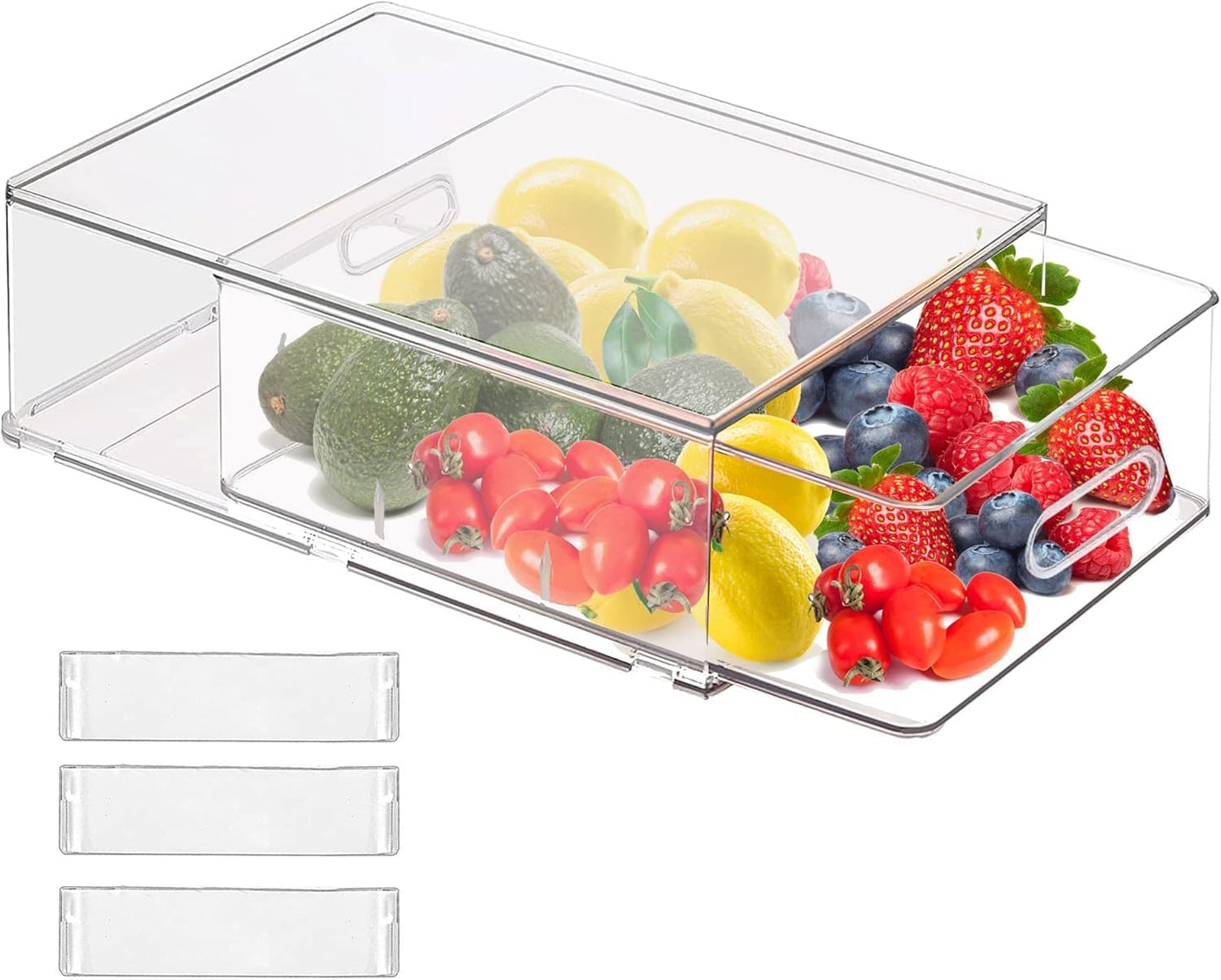 bealy Stackable Clear Storage Drawer with 3 Dividers for Pantry Shelf, Fridge Organizer for Fruit, Food,Vegetable, Pantry Containers Organization,BPA Free,6.34QT