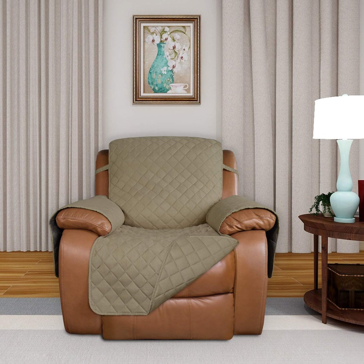 PureFit Reversible Quilted Sofa Cover, Water Resistant Slipcover Furniture Protector, Washable Couch Cover with Non Slip and Elastic Straps for Kids, Dogs, Pets (Oversized Recliner, Beige/Beige)