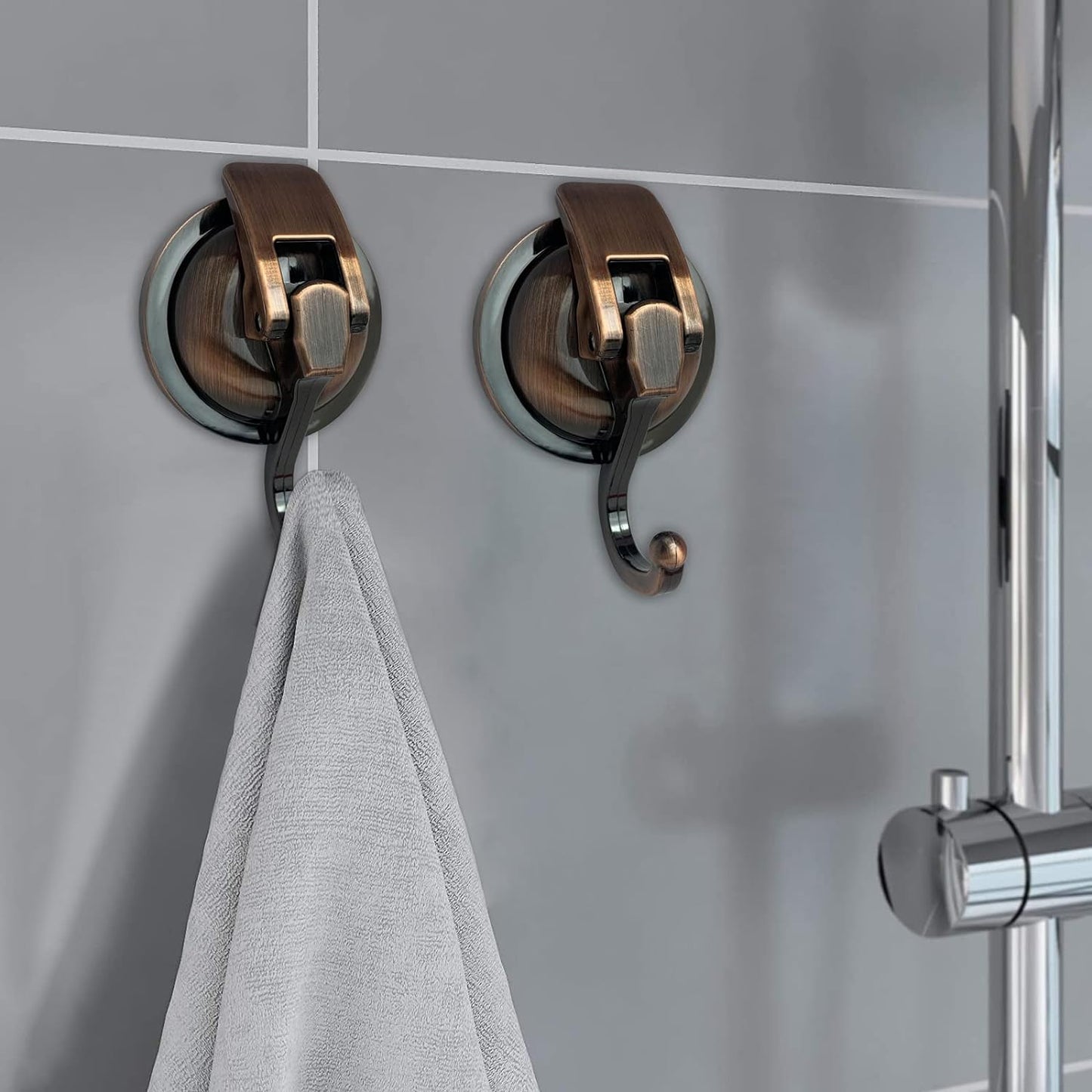 Heavy Duty Vacuum Suction Shower Hooks, Glass Suction Cup, for Bathroom Robe and Garland Decoration (2 Pack, Antique Brass)
