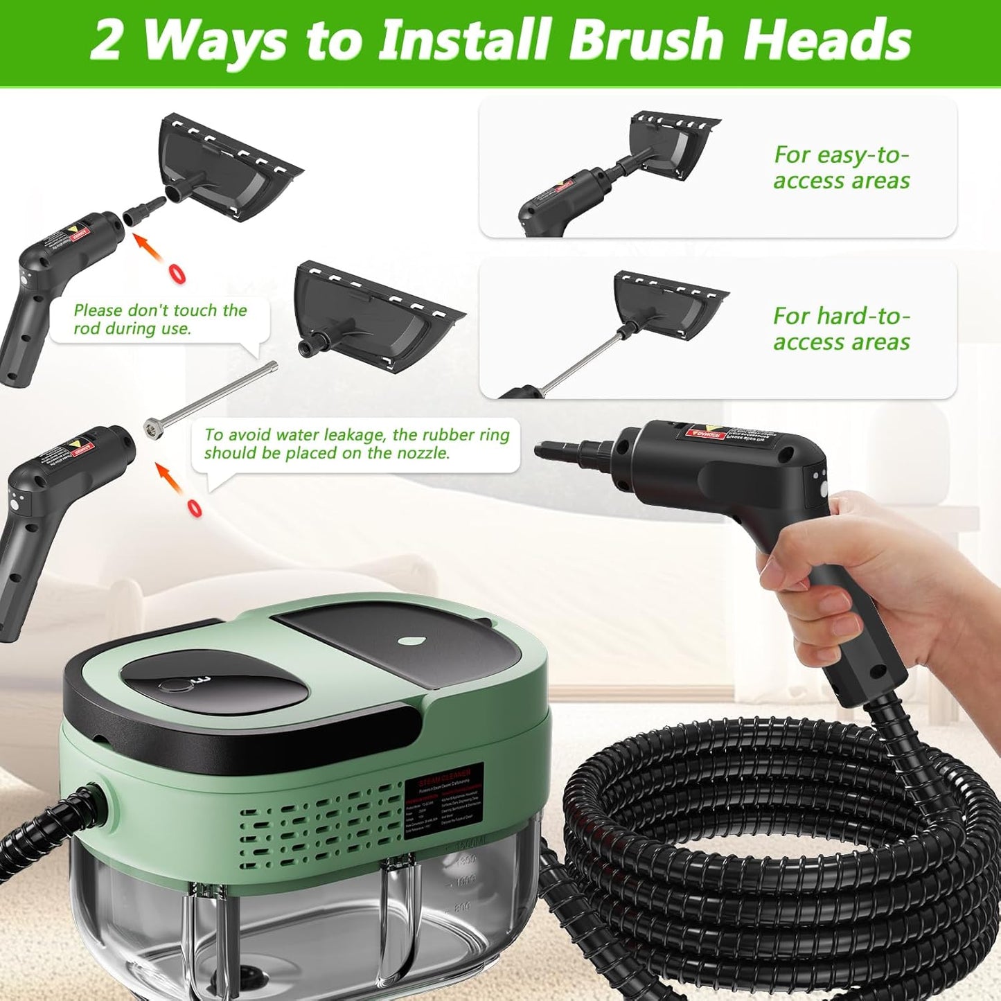 Handheld Steam Cleaner, 2500W High Pressure Steamer for Cleaning, Portable Steam Cleaner with 1.6L Water Tank, 3 Levels Adjustable Handle, Steam Cleaner for Home, Car, Furniture, Bed Bugs (Green)