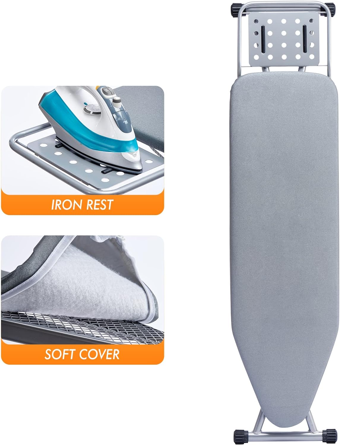 Ironing Board, Heat Resistant Cover Iron Board with Steam Rest, Non-Slip Foldable Ironing Stand. Heavy Sturdy Metal Frame Legs Iron Stand(13 * 34 * 53 Inches) (Silver Gray)