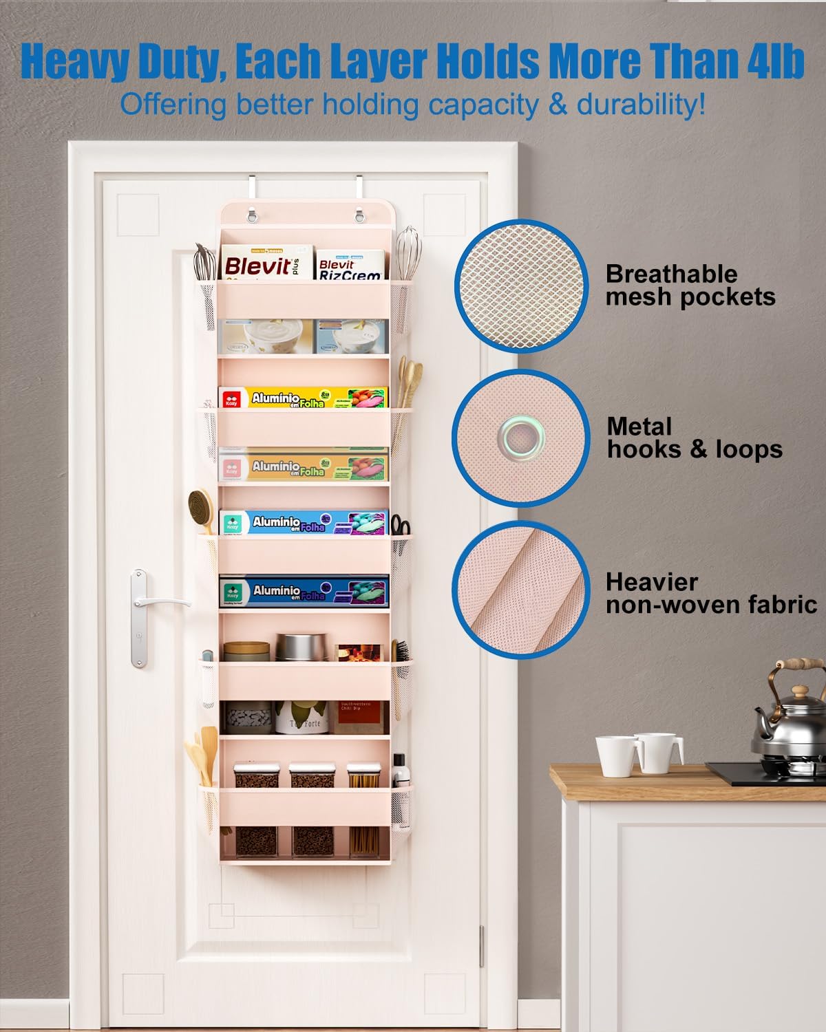 Over The Door Storage Organizer, RV Bathroom Organizer, Over The Door Organizer Camper Storage and Organization, 5 Shelf Hanging Over Door Organizer for Camper, Bathroom, Bedroom, Closet-Pink