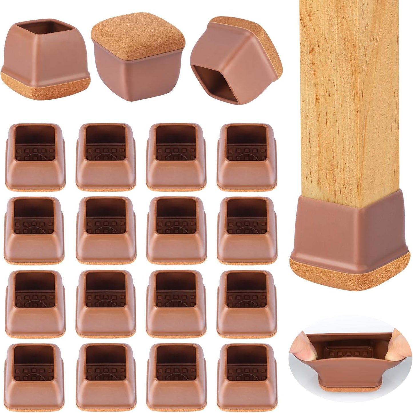 16 Pcs Chair Leg Floor Protectors Square, Silicone Chair Leg Protectors for Hardwood Floors, Chair Leg Caps Covers Protect Wooden Floors from Scratching, Thick, Won't Tear (Fit: 1-1/10" - 1-3/10")