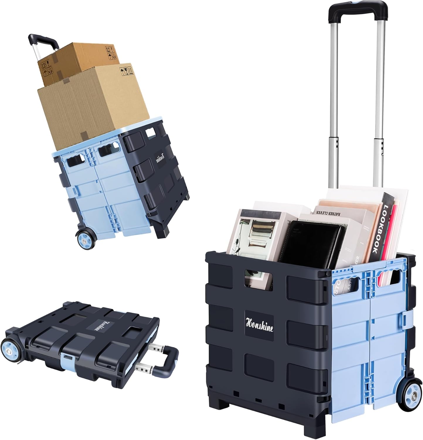 Collapsible Rolling Crate on Noiseless Wheels: Portable Utility Cart for Shopping Teacher Laundry (Blue)