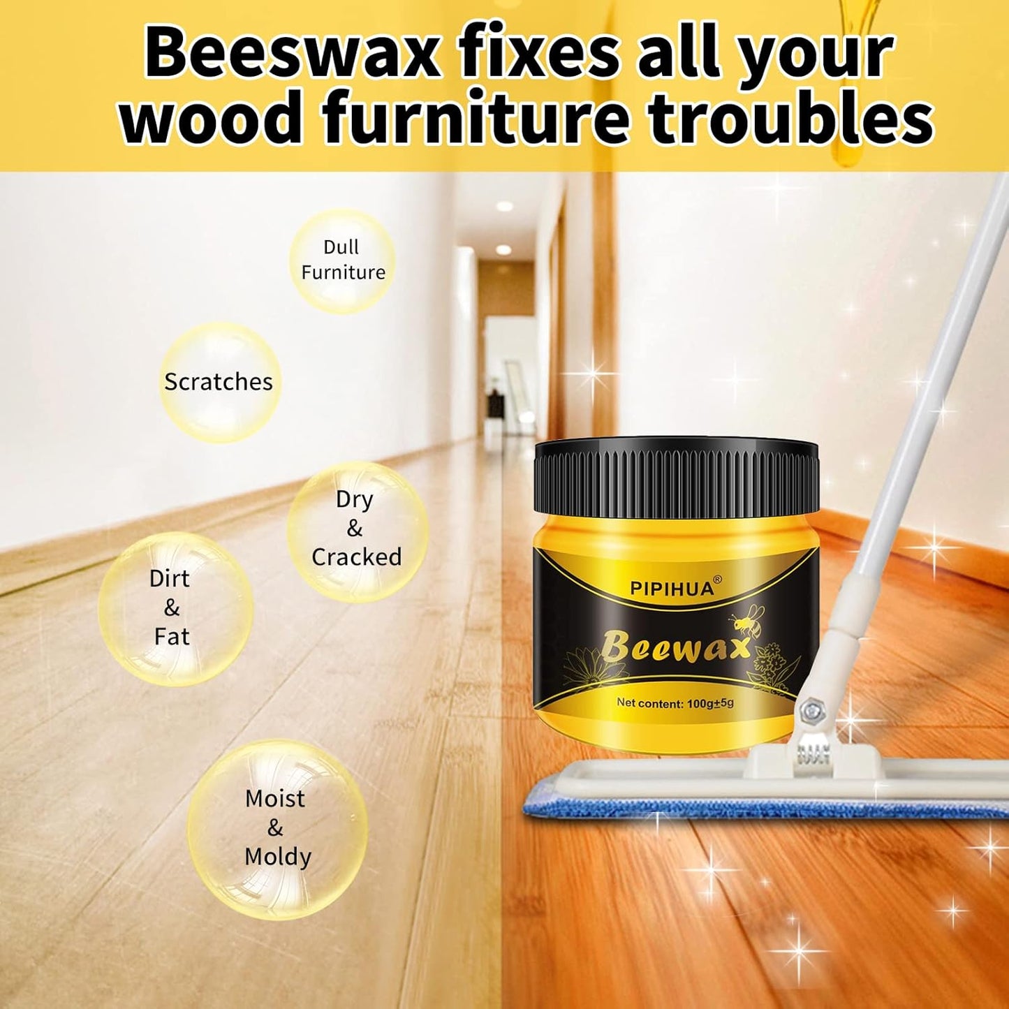 PIPIHUA Beeswax Polish and Conditioner for Wood Furniture - Waterproof & Restorer Wood Wax, Multipurpose Beeswax Furniture Polish and Cleaner for All Types and Colours(4×100g with 8 Sponges)