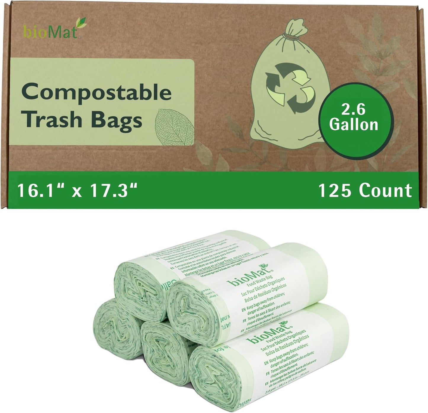 bioMat 2.6 Gallon Compostable Trash Bags, 125 Count, Compost Bags for Countertop Bins, BPI ASTM D6400 and CMA Certified Small Trash Bags
