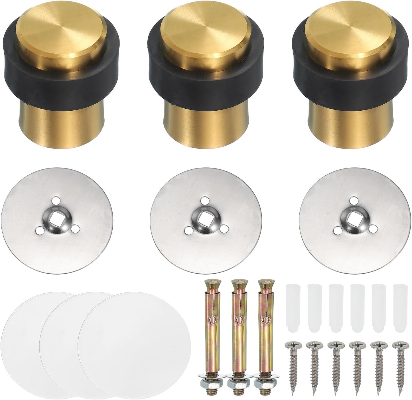 PATIKIL 3Set Round Door Stoppers, 46mm Stainless Steel Door Stop Doorstop Wedge Metal Cylinder Self Adhesive with Screw for Bottom of Door Floor Inside, Gold Tone