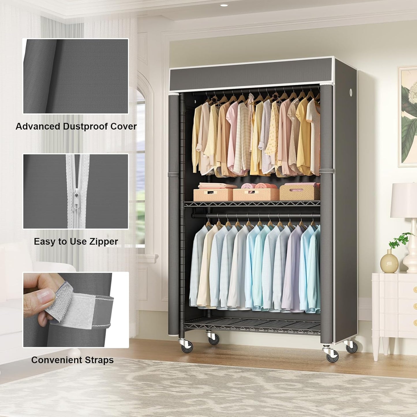 FUTASSI Black Clothing Rack with Dark Gray Cover, P1C Rolling Closets with Wheels, Metal Garment Rack for Hanging Clothes, Clothing Storage Wardrobe, 36.2" W x 16.5" D x 80.5" H, Load 450 Pounds