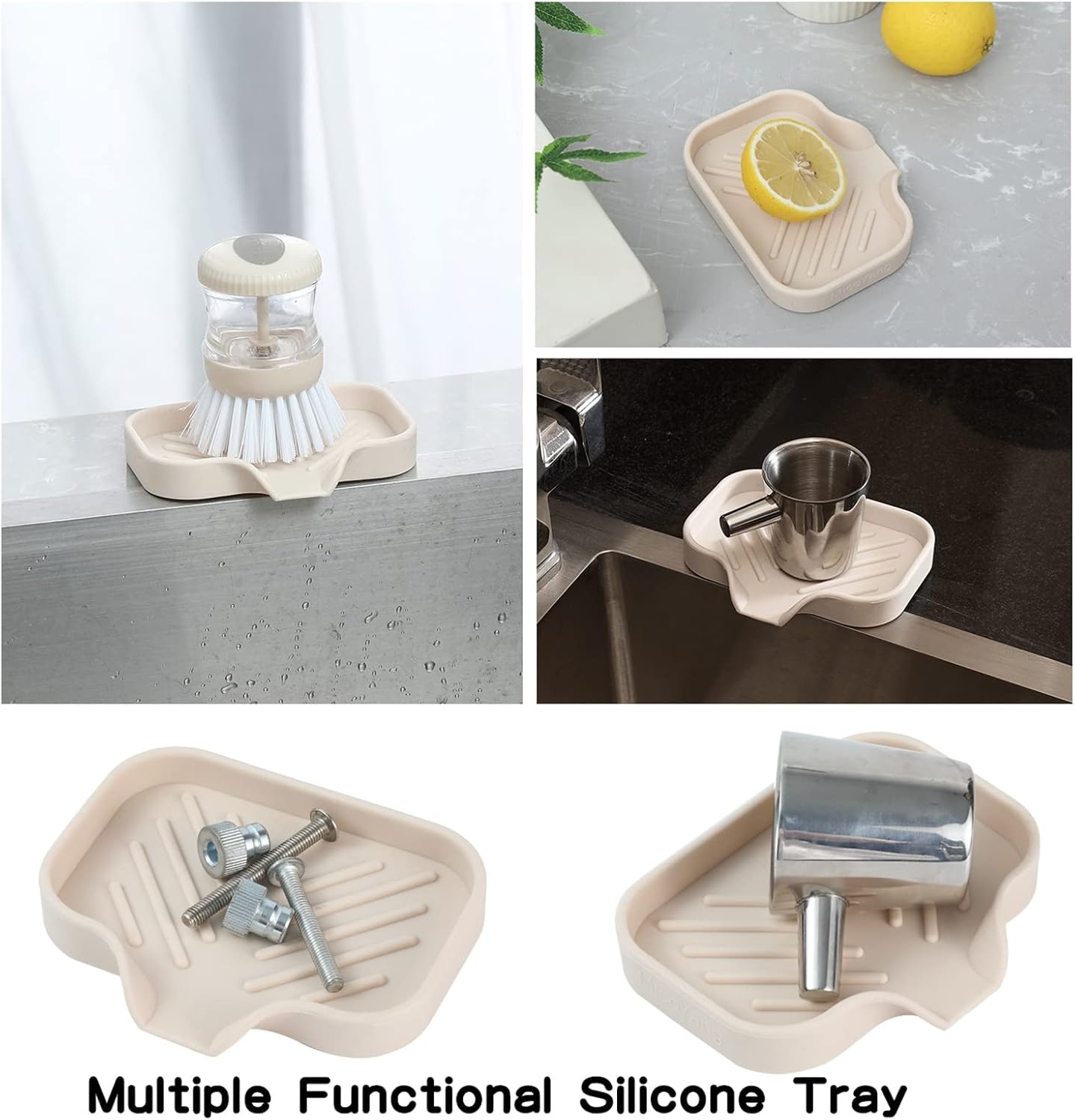 Silicone Bathroom Soap Dishes with Drain Spout-Bathroom and Kitchen Sink Organizer,Sponge Holder,Dish Soap Tray,Perfect for Dispenser,Scrubber,Bottle,Cup on Sink or Counter-Tapioca 4.9"×3.2"