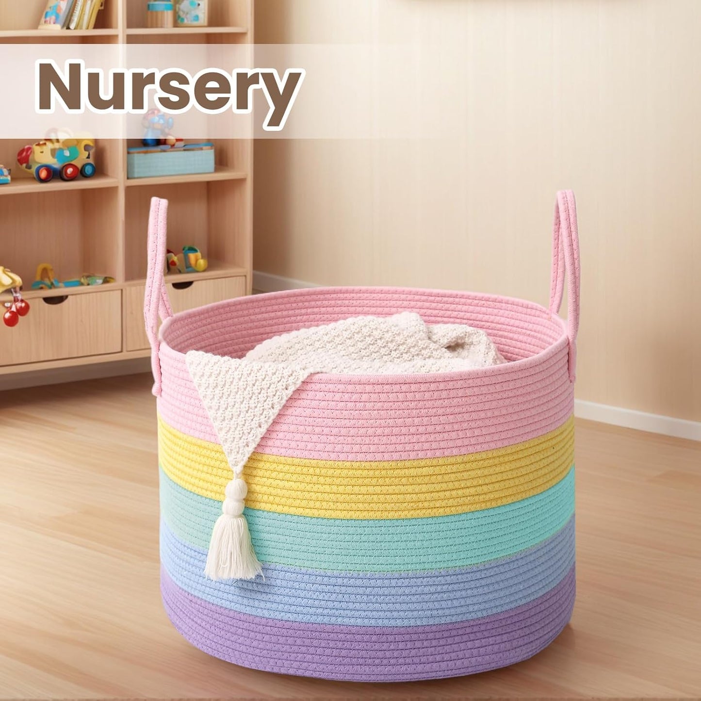 Woven Blanket Basket,115L Large Rope Storage Bin with Handles, Organizer for Blankets Toys Book and Clothes, Laundry Basket for Living Room Bedroom Nursery,Rainbow