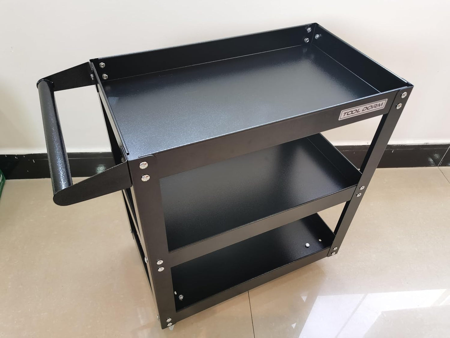 Utility Service Cart, 3 Shelf 150LBS Heavy Duty Steel Rolling Utility Cart, Medium Lipped Shelf, 360° Swivel Wheels, Ergonomic Storage Handle for Warehouse Garage, Black