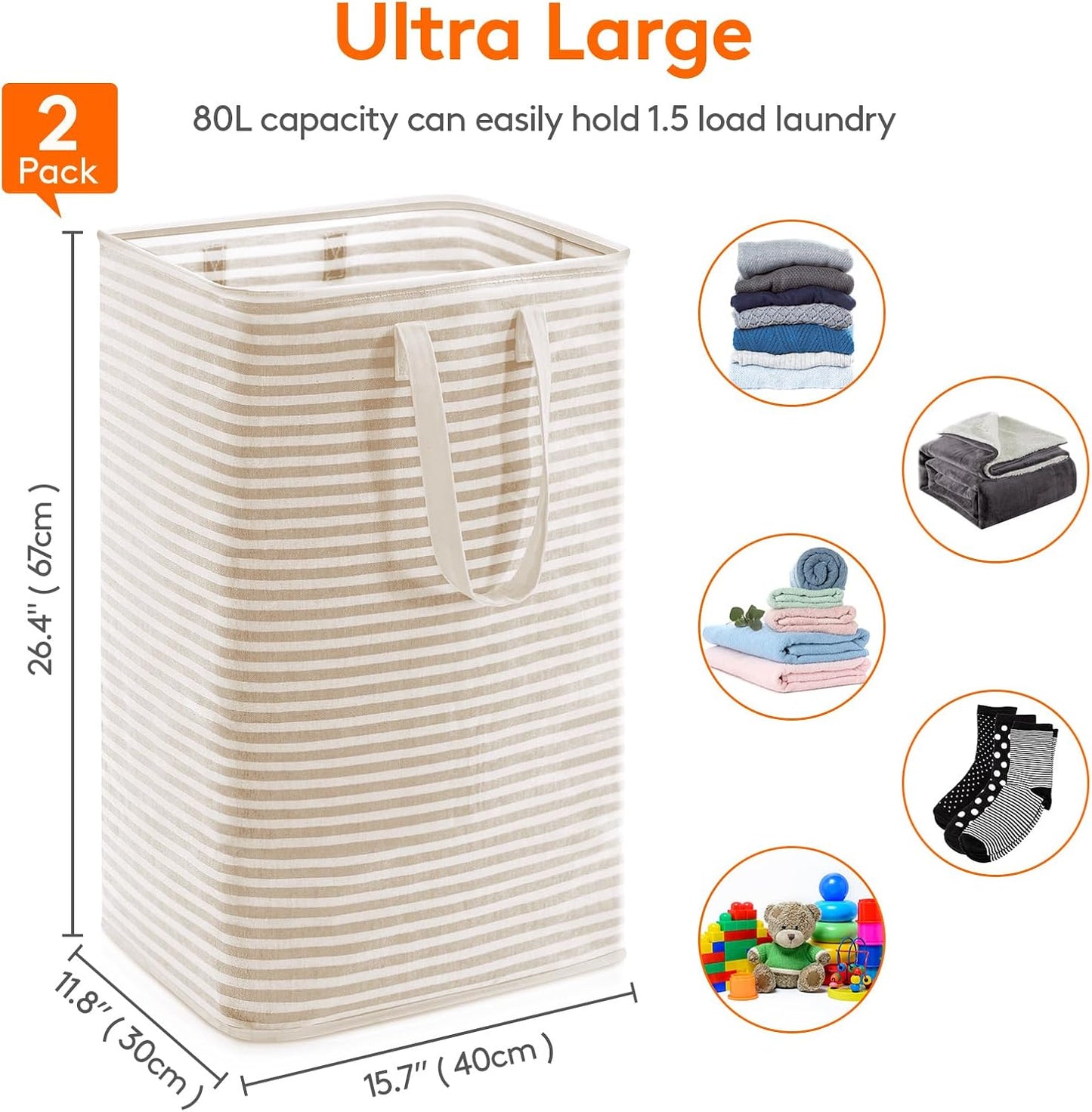 Lifewit 2 Pack Laundry Hamper Large Collapsible Laundry Baskets, Freestanding Waterproof Clothes Hamper with Easy Carry Handles in Laundry Room Bedroom Bathroom College Dorm for Adults, Beige, 2 x 80L